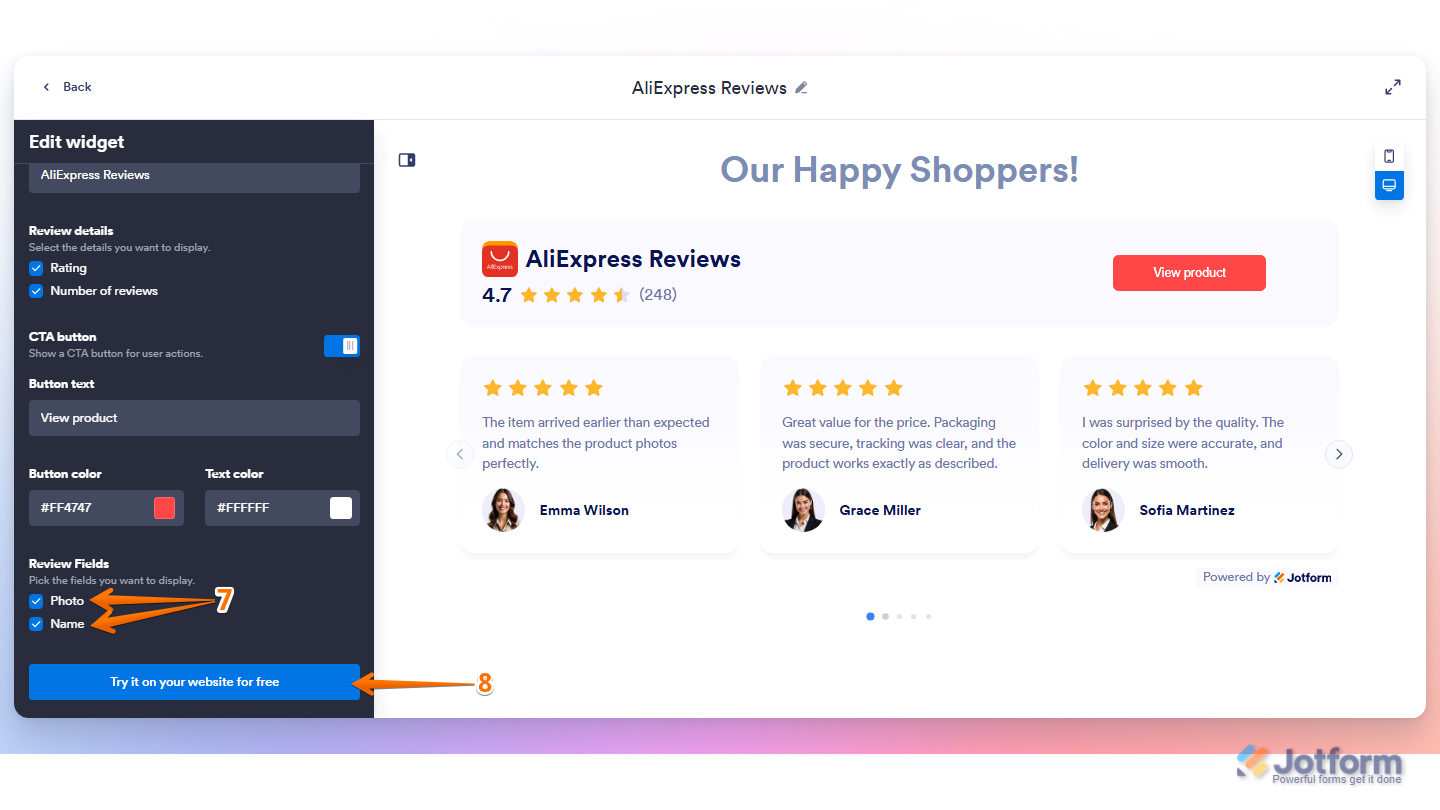 Jotform review widget settings page showing the Review Fields section with Photo and Name display options, and the Try it on Your Website for Free button ready to publish the customized review widget