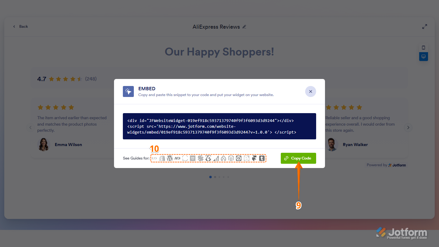 Jotform Embed window showing the Copy Code button for copying the review widget embed code, with supported platform icons available for viewing platform-specific embedding instructions