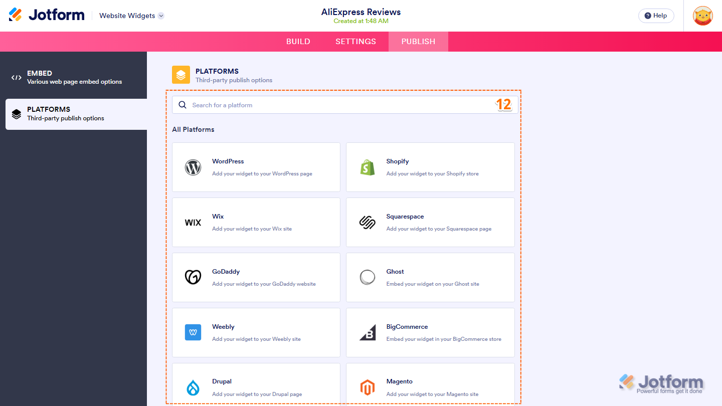 Jotform Embed page displaying the Platforms section with a list of supported website platforms and a Search bar for finding platform-specific embedding instructions for the AliExpress Reviews widget