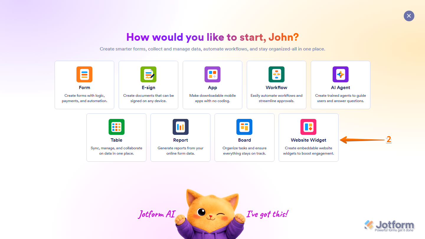 Jotform Create menu displaying the Website Widget option for creating a new website widget