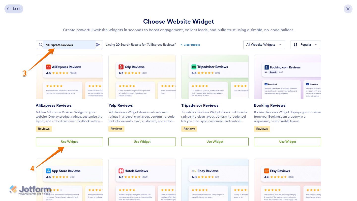 Jotform Choose Website Widget window with AliExpress Reviews entered in the search bar and the Use Widget button visible on the AliExpress Reviews widget card in the search results