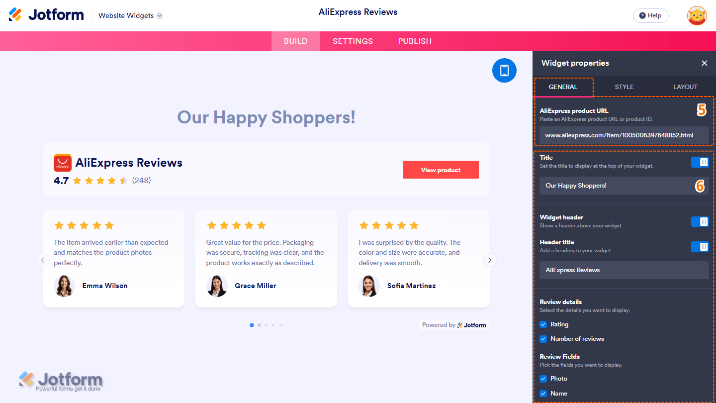 Jotform Website Widget Builder displaying the Widget Properties panel under the General tab with the AliExpress Product URL, Title, Widget Header, Header Title, Review Details, and Review Fields settings for configuring the AliExpress Reviews widget