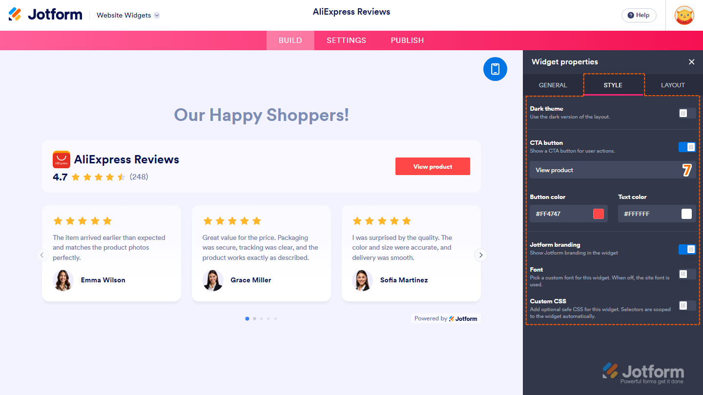 Jotform Website Widget Builder displaying the Widget Properties panel under the Style tab with Dark Theme, CTA Button, Button Color, Text Color, Jotform Branding, Font, and Custom CSS settings for customizing the AliExpress Reviews widget