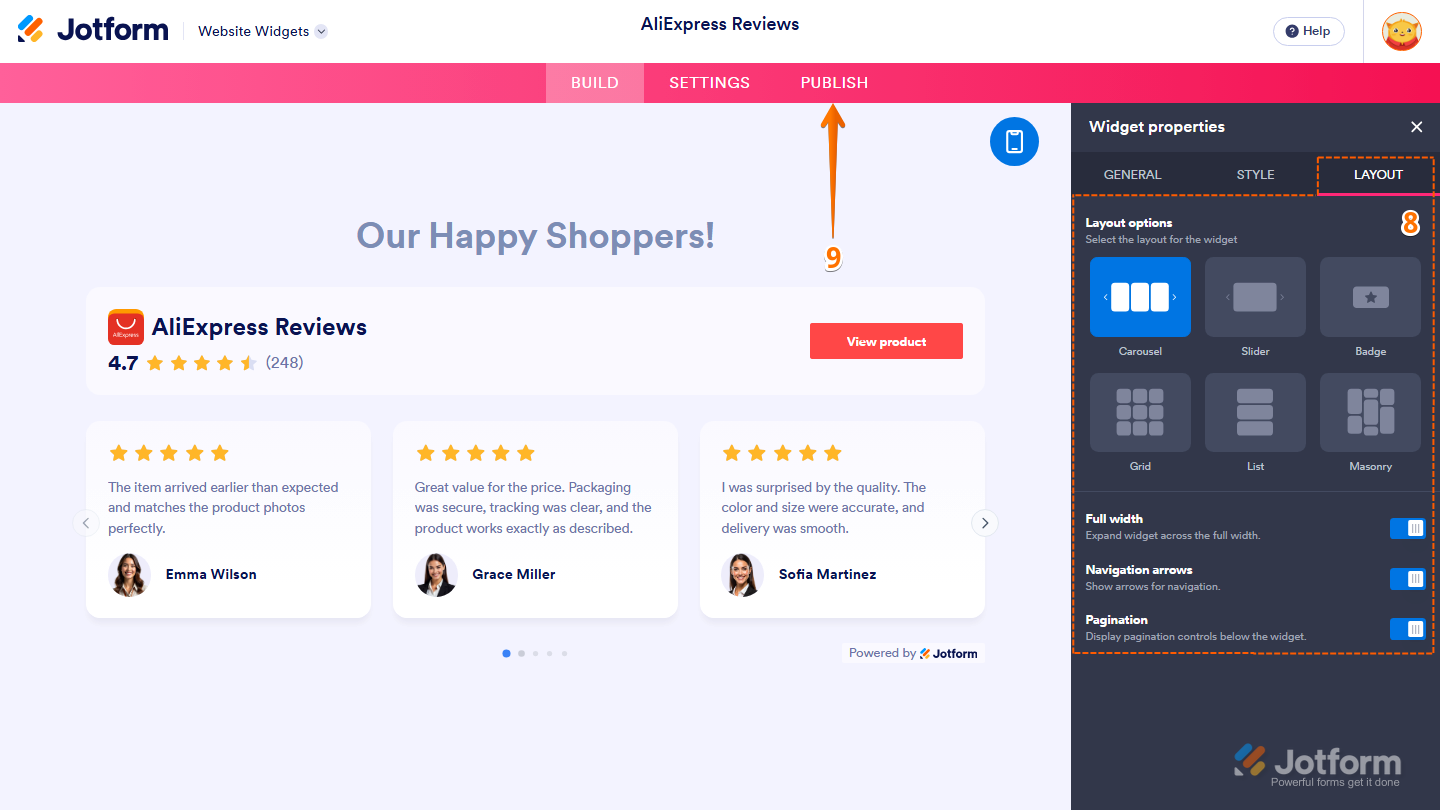 Jotform Website Widget Builder displaying the Widget Properties panel under the Layout tab with Layout Options, Full Width, Navigation Arrows, and Pagination settings for the AliExpress Reviews widget, and the Publish button visible in the pink navigation bar at the top of the page