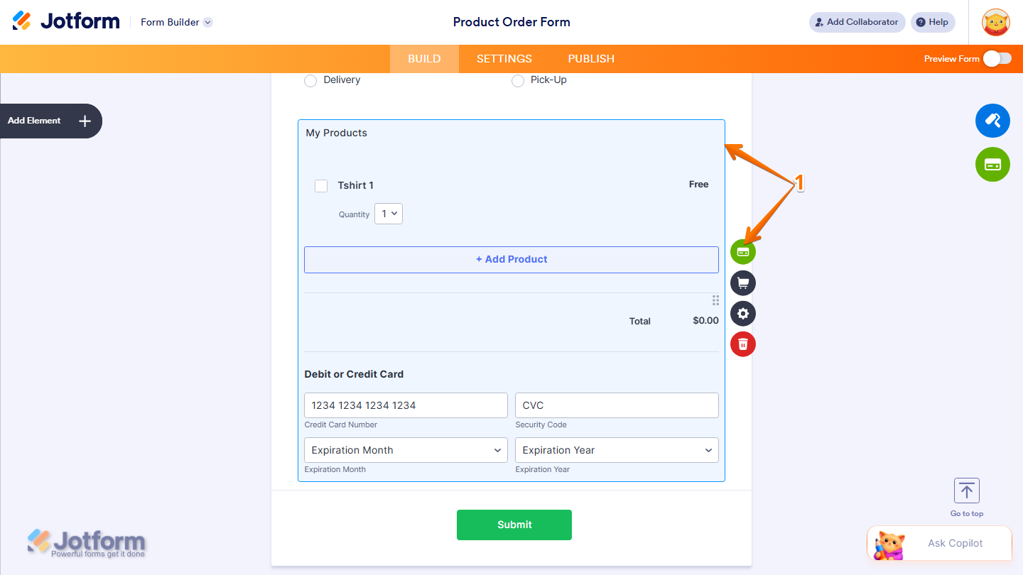 Jotform Form Builder showing a selected Product List element with the Credit Card icon visible for accessing Stripe payment settings