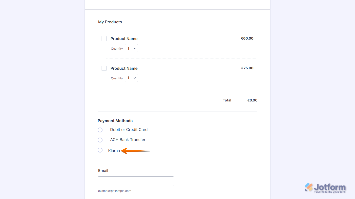Jotform Stripe integration with Klarna enabled, showing Klarna as an available payment option for eligible customers during checkout