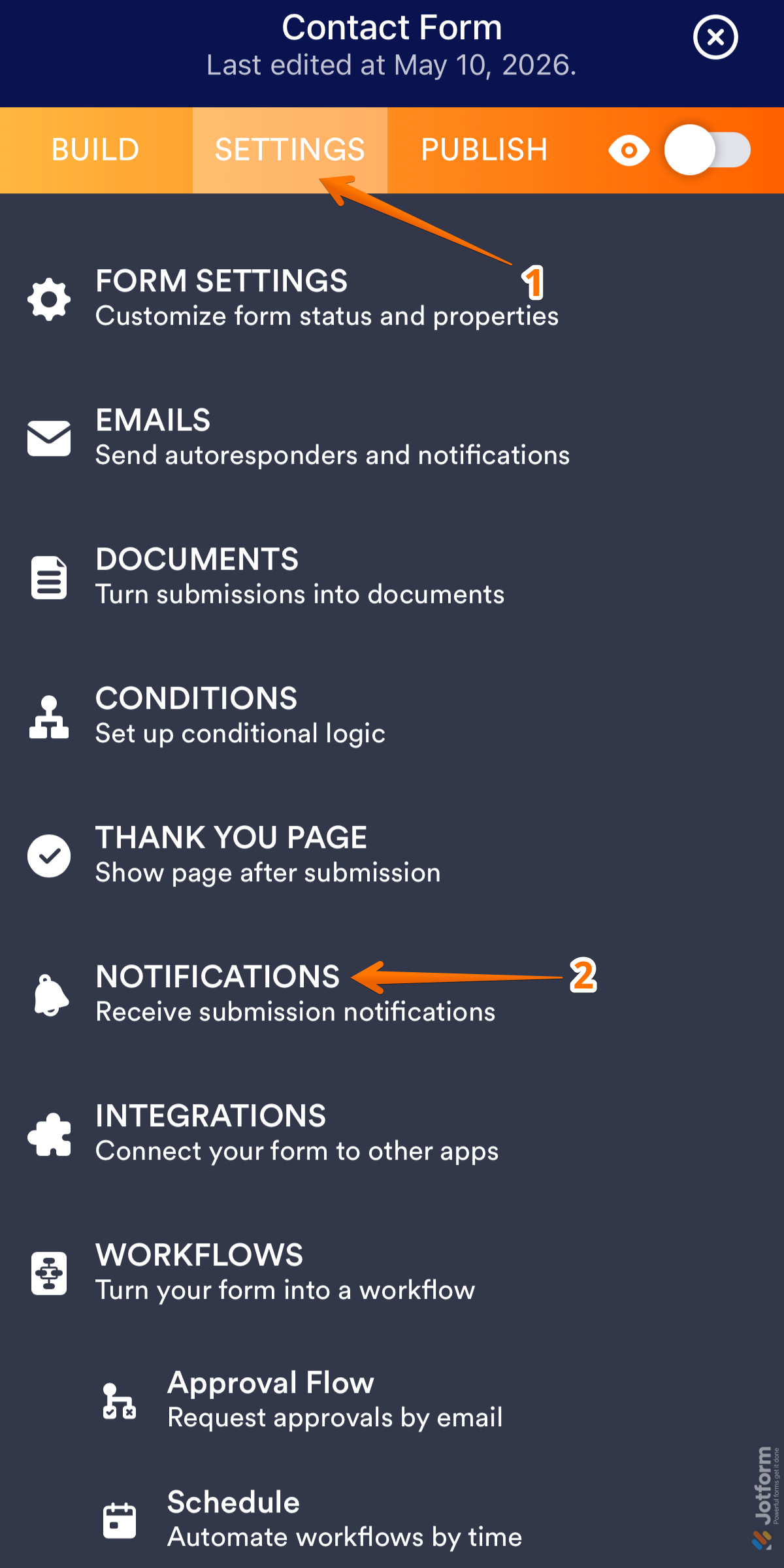 Form Builder Settings page showing the Notifications option in Jotform