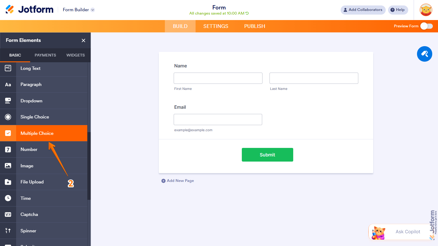 Multiple Choice element in the Form Elements menu of the Jotform Form Builder