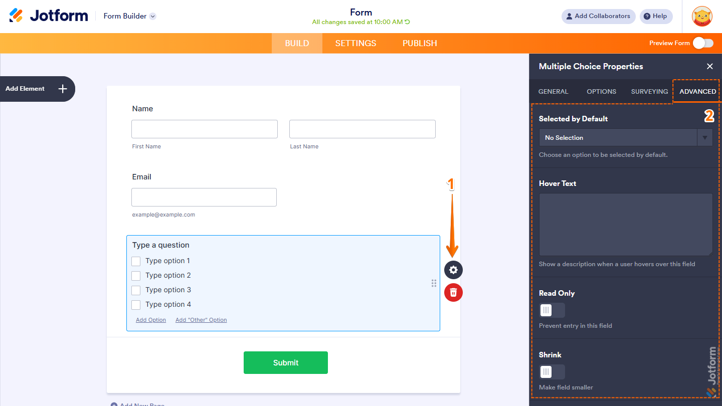 Advanced tab of the Multiple Choice Properties menu