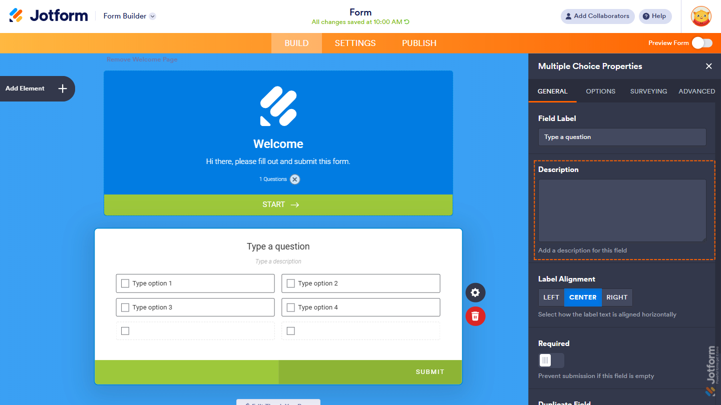 Description box in the Multiple Choice Properties menu in Card Form Layout