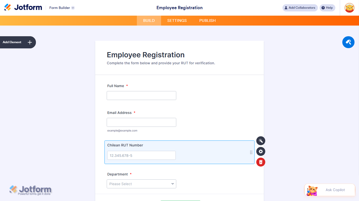 Form Builder showing the Chilean Rut Validator widget successfully added and configured on the form in Jotform