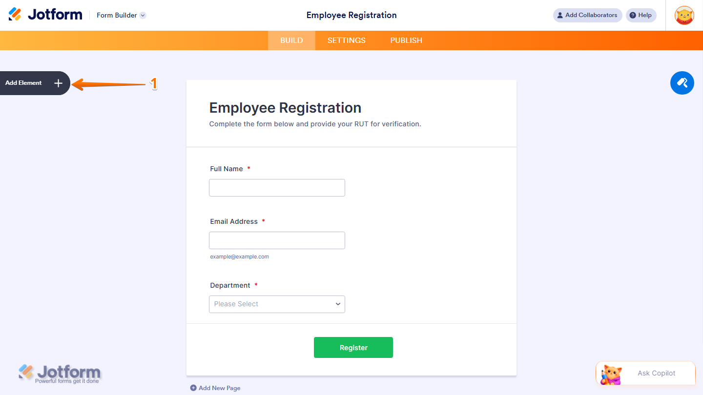 Form Builder showing the Add Element button on the left side of the page in Jotform