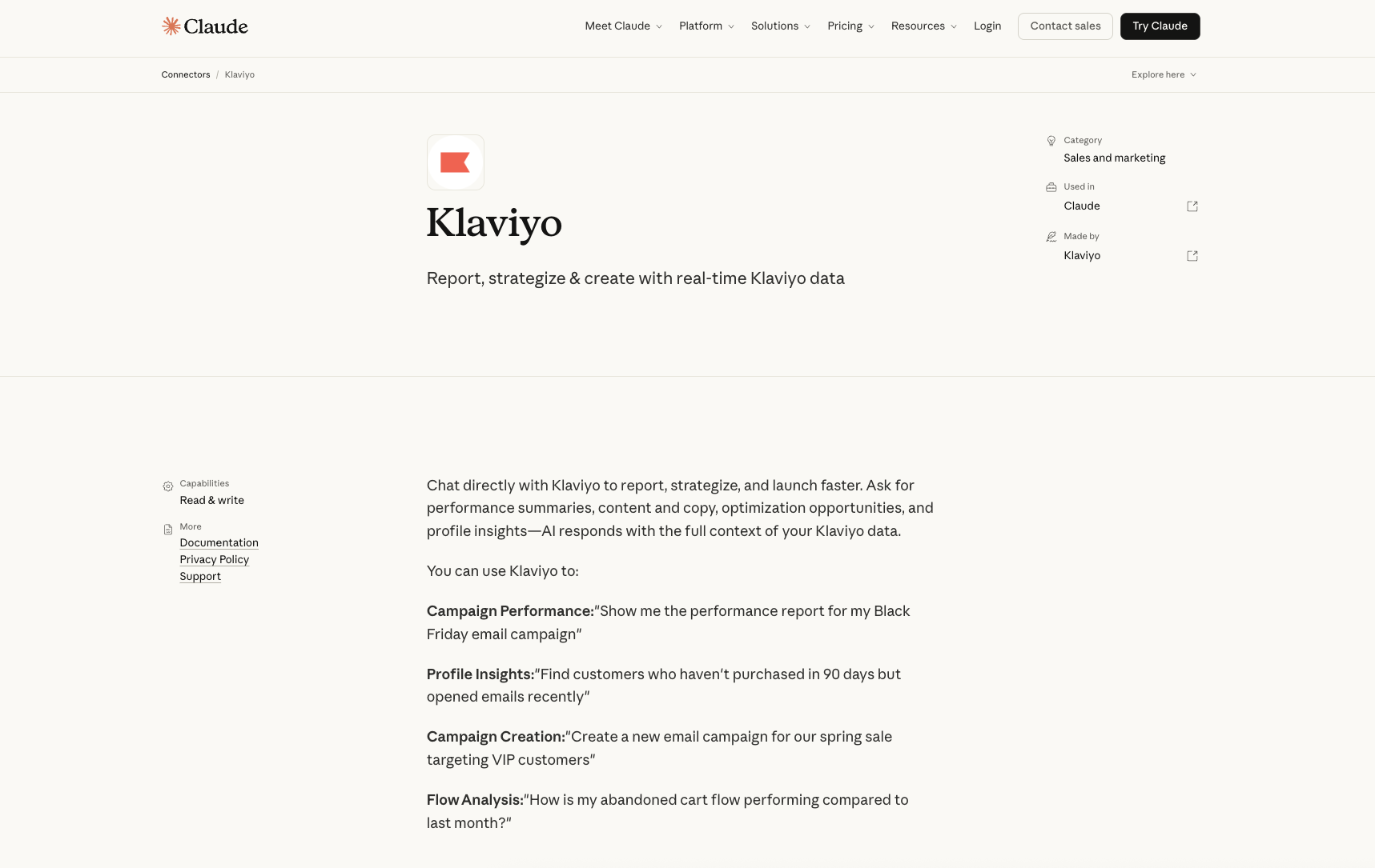 interface of Klaviyo connector for Claude