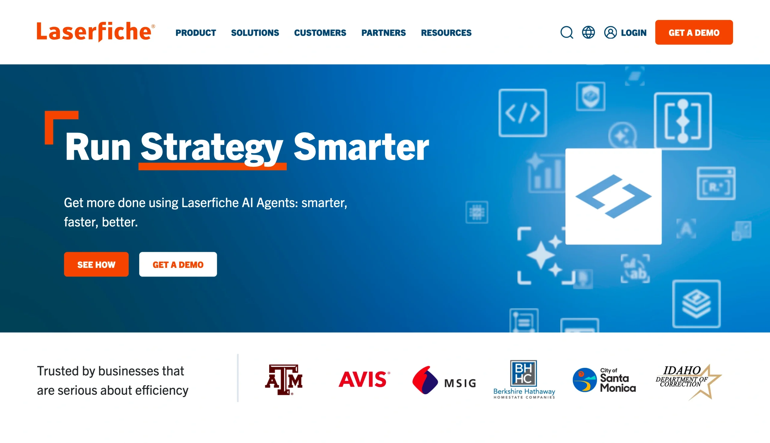 Screenshot of the Laserfiche landing page, showing a headline "Run Strategy Smarter"