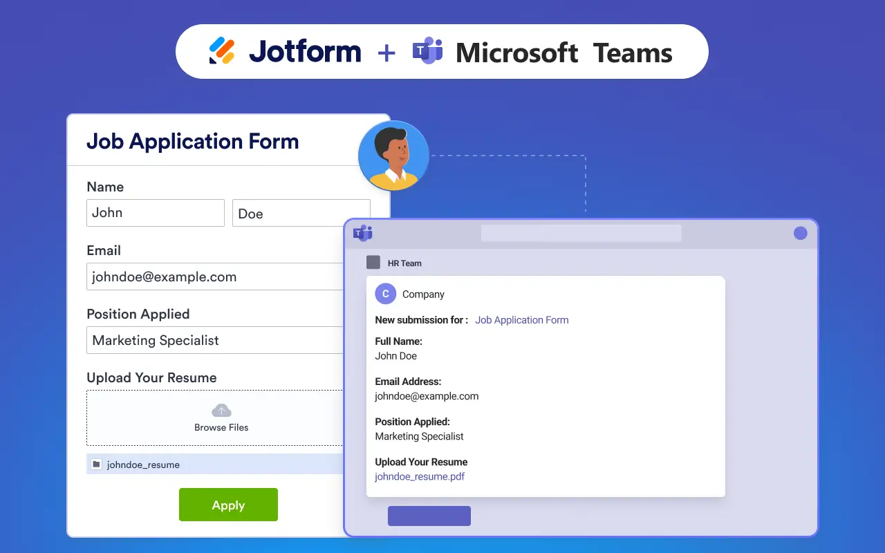 Jotform and Microsoft Teams integration showing a job application form submission sent as a Teams notification