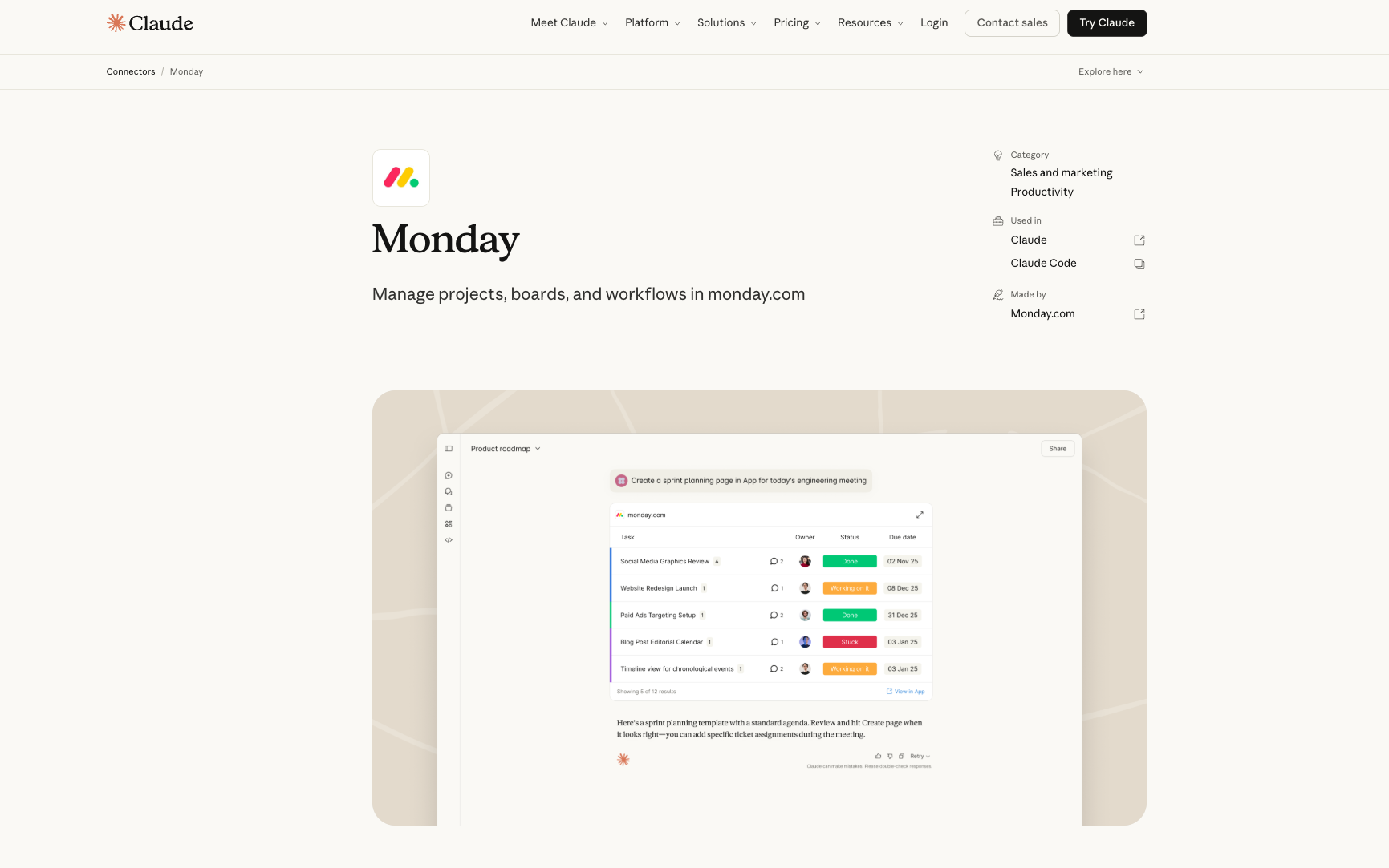 interface of mondaycom connector for claude