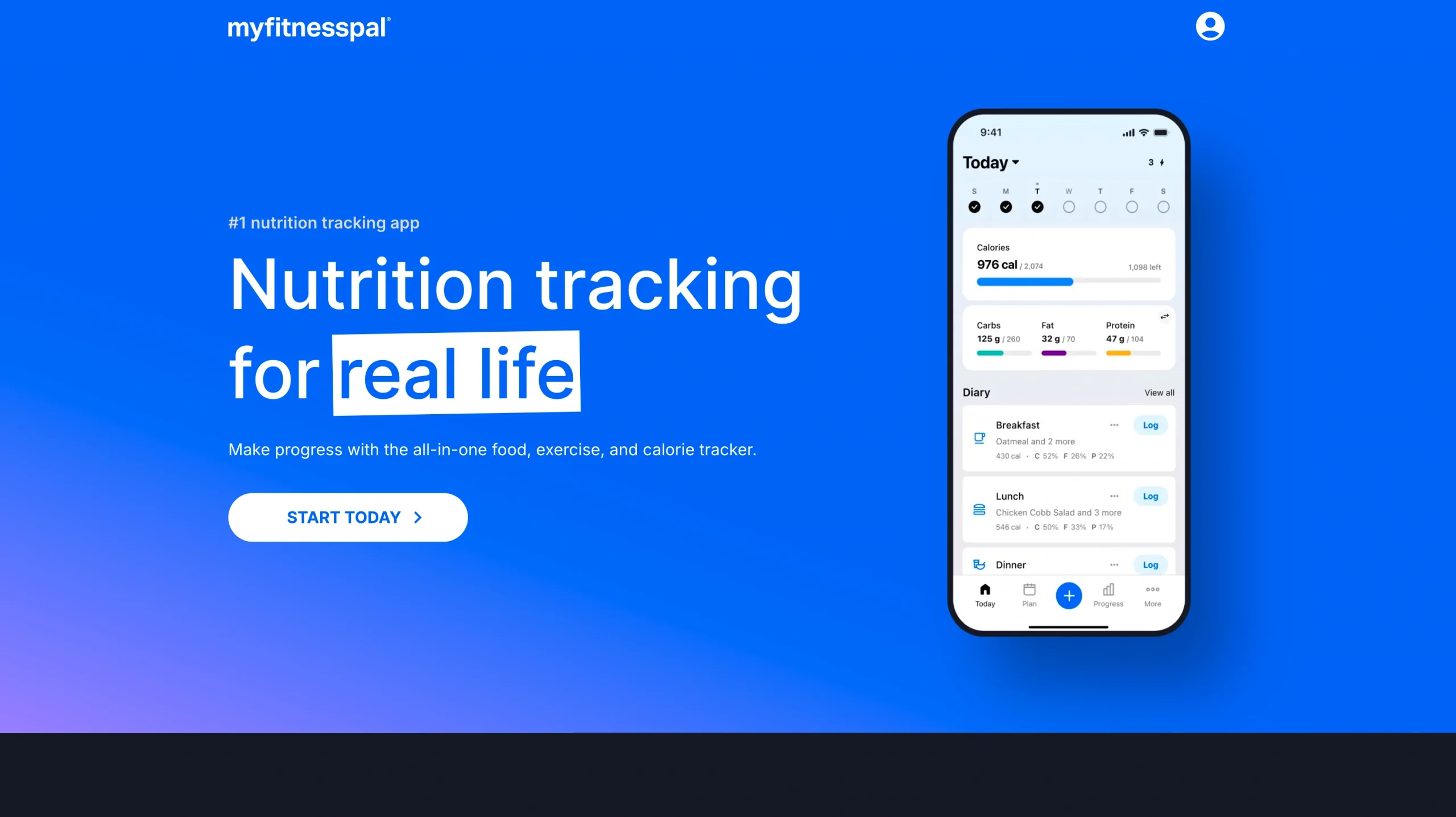 Screenshot of the MyFitnessPal landing page, showing a headline "Nutrition tracking for real life"