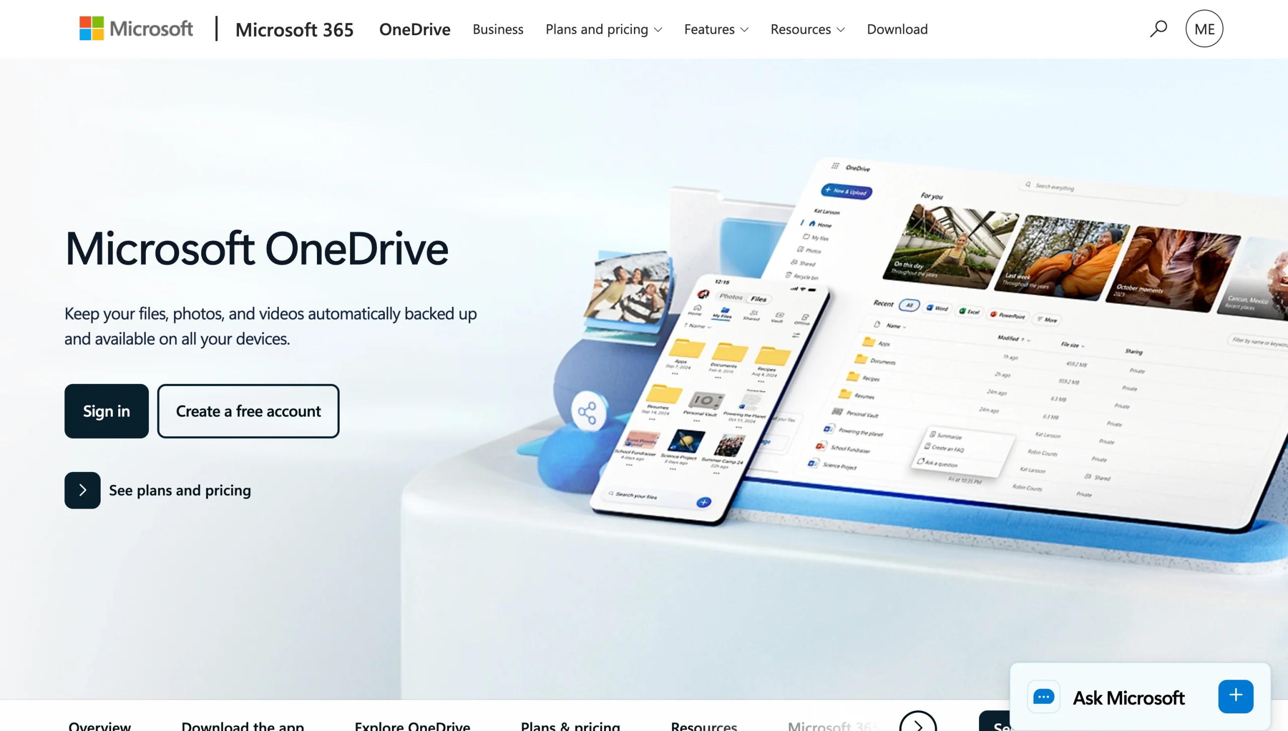 Microsoft OneDrive homepage with cloud file storage preview on desktop and mobile