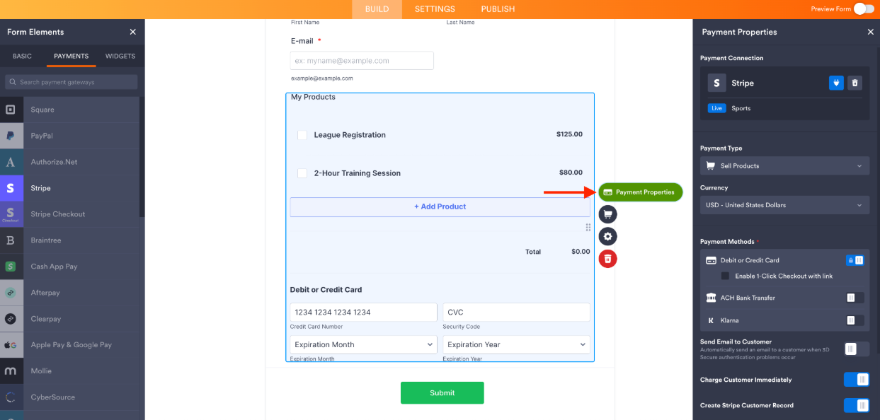 Clicking on the Payments Properties button and viewing the Property Settings window