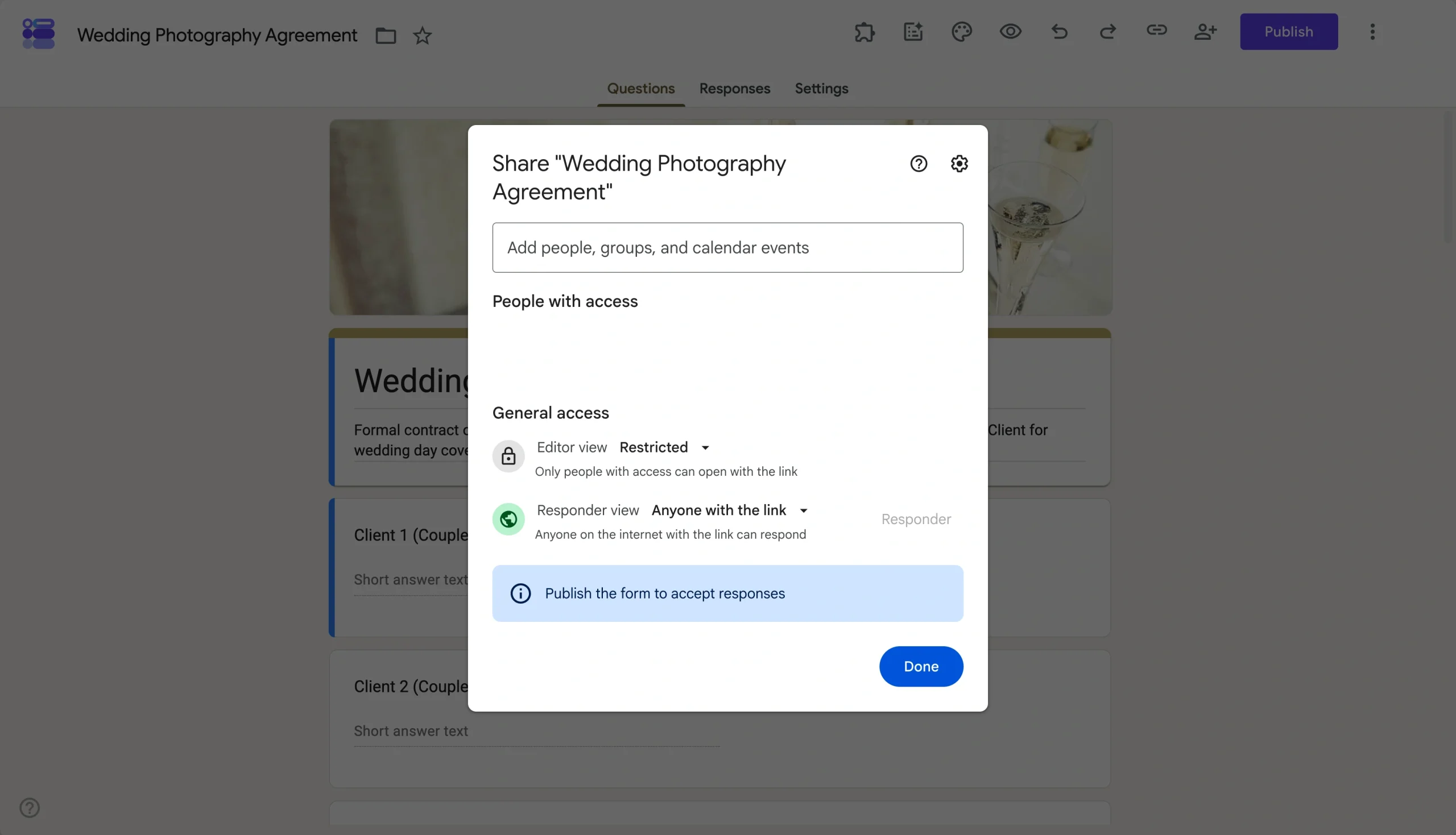 Google Forms Publish form pop-up showing access permission options for who can respond to the form