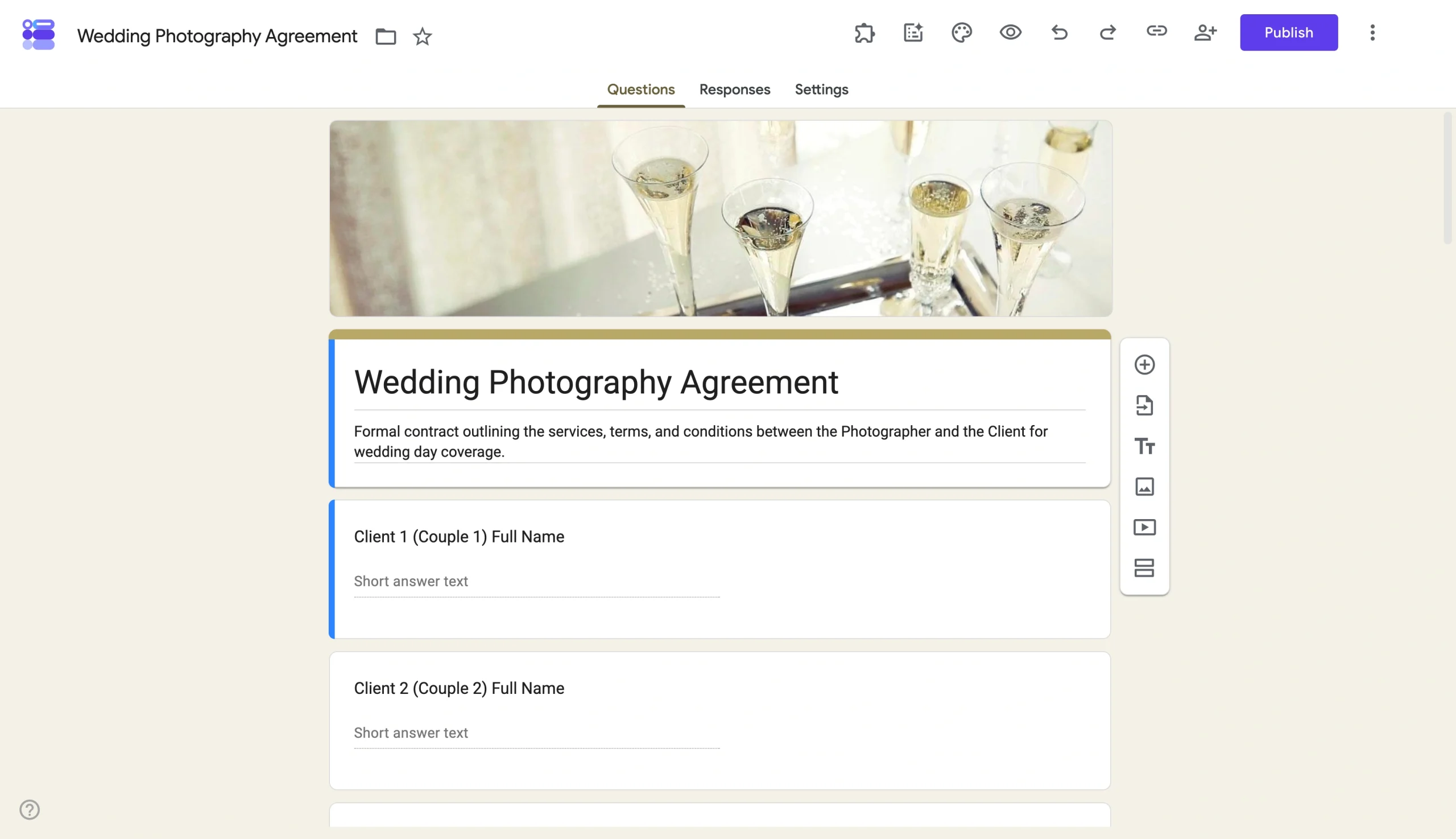 Google Forms editor displaying a wedding photography agreement form with the form title and question fields visible