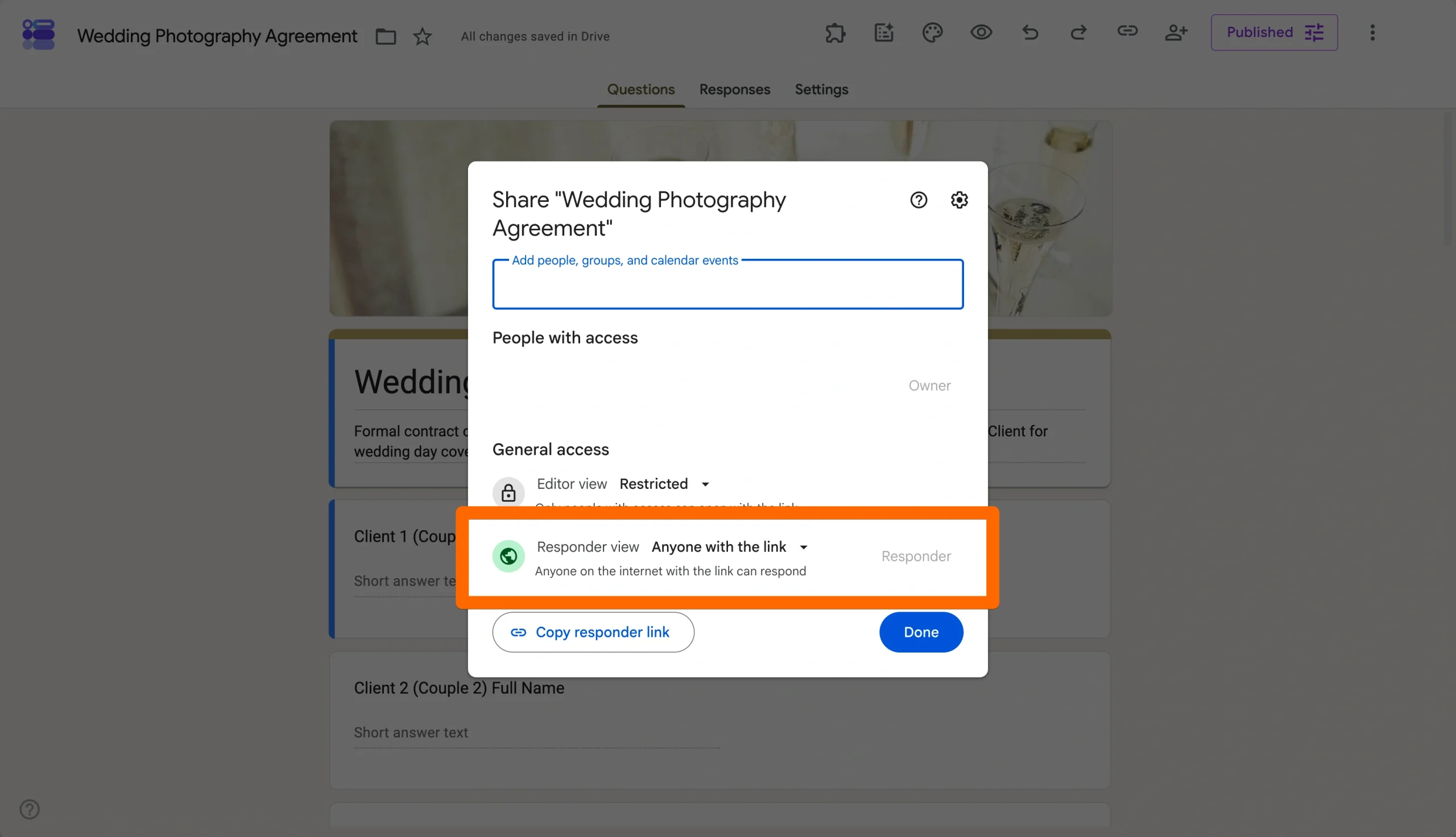 Google Forms Publish form pop-up with the public link and responder access options highlighted