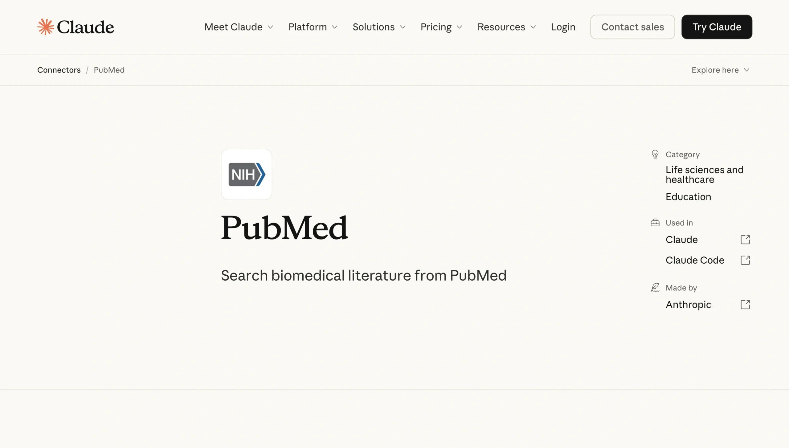 Screenshot of the PubMed Claude Connector landing page