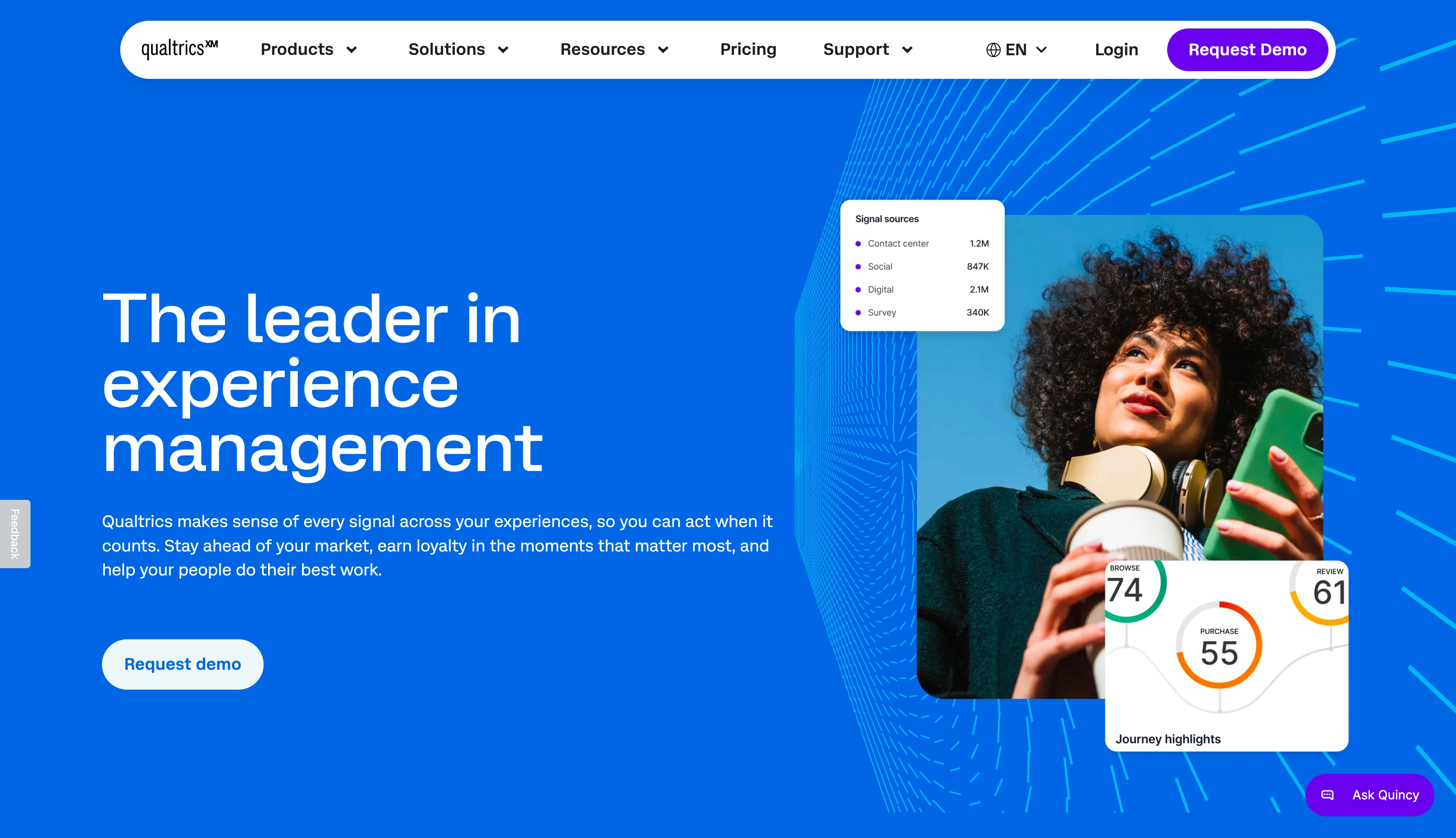Qualtrics homepage promoting experience management for large organizations