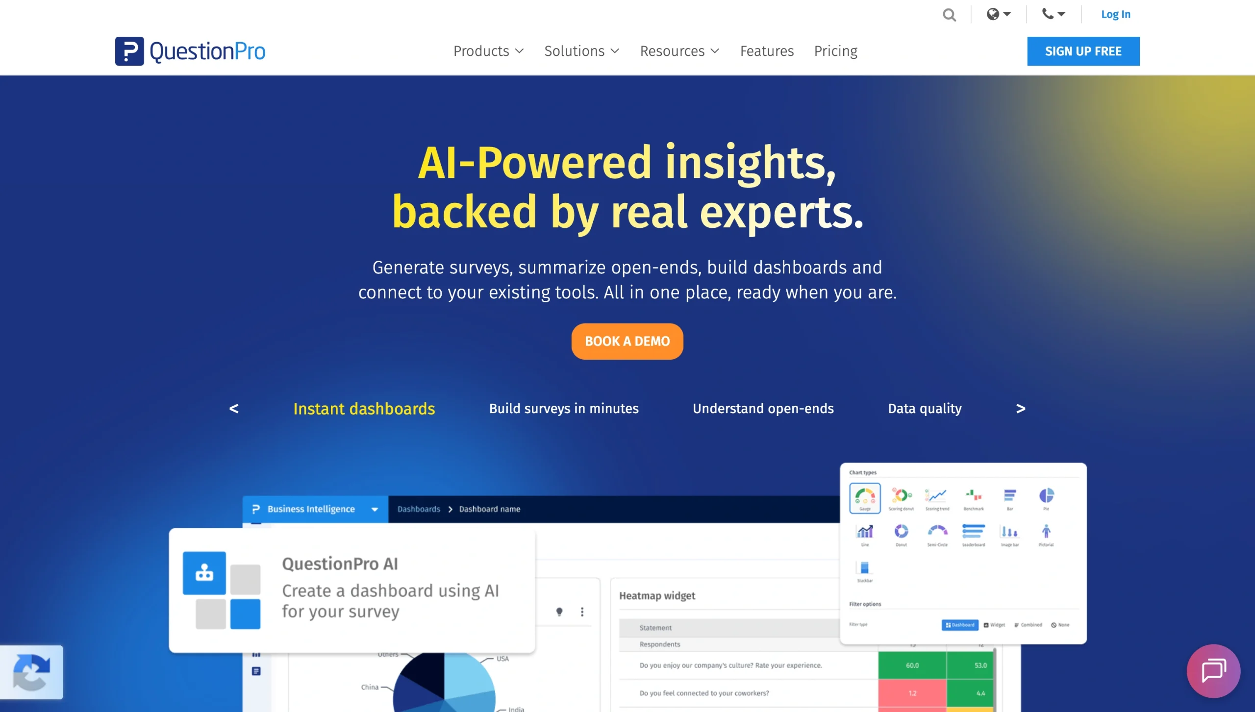 Screenshot of the QuestionPro landing page, showing a headline "AI-Powered insights, backed by real experts