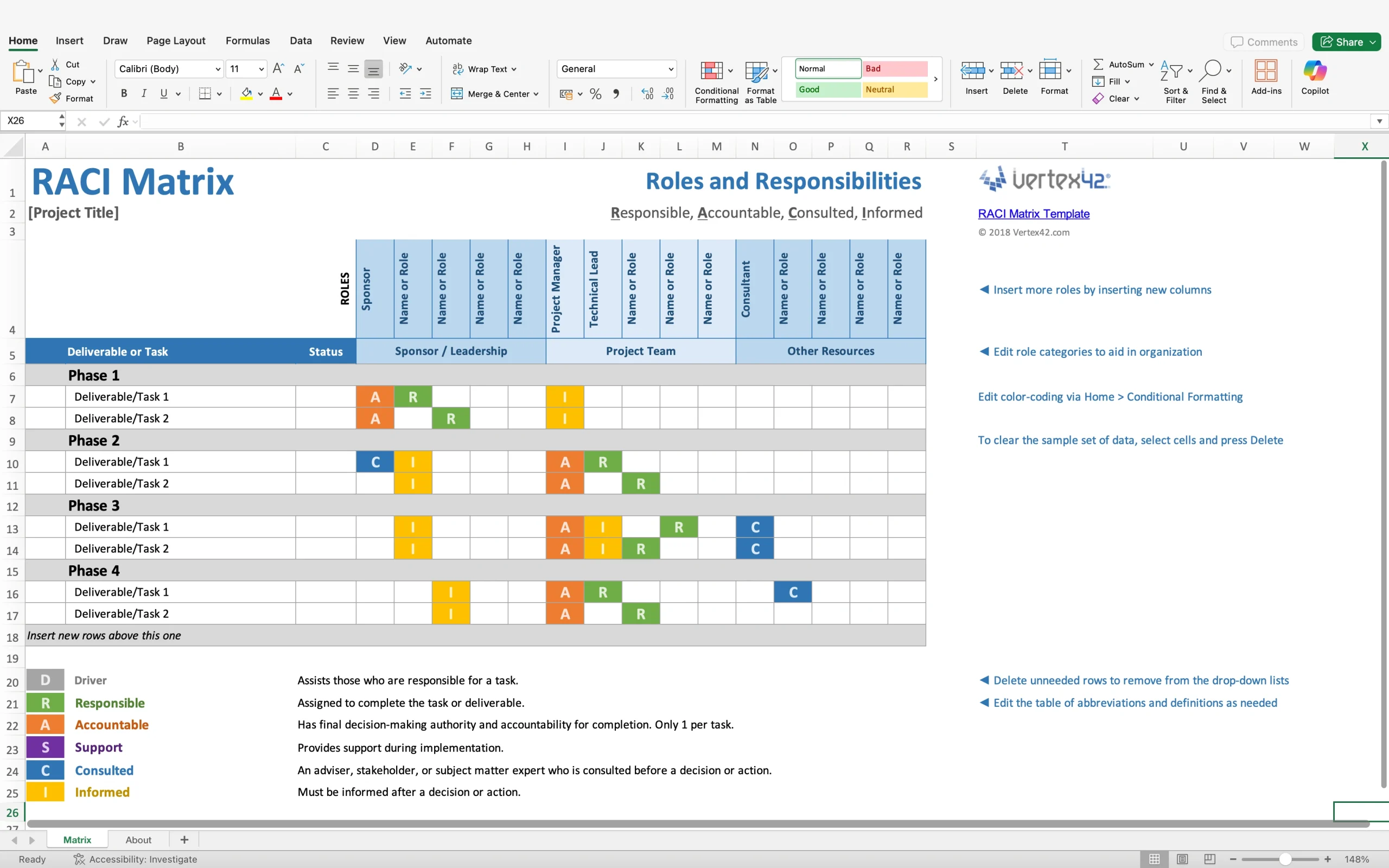 Microsoft Excel RACI matrix template showing project tasks and assigned roles for responsible, accountable, consulted, and informed team members
