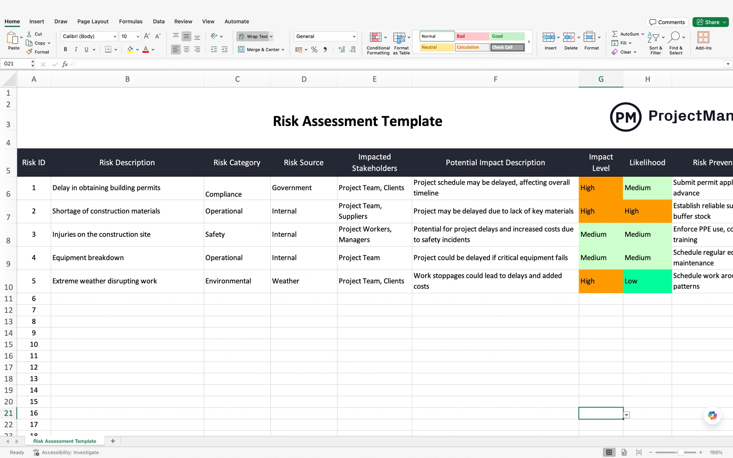 Excel risk assessment template showing risk descriptions, owners, impact, likelihood, priority, and response actions