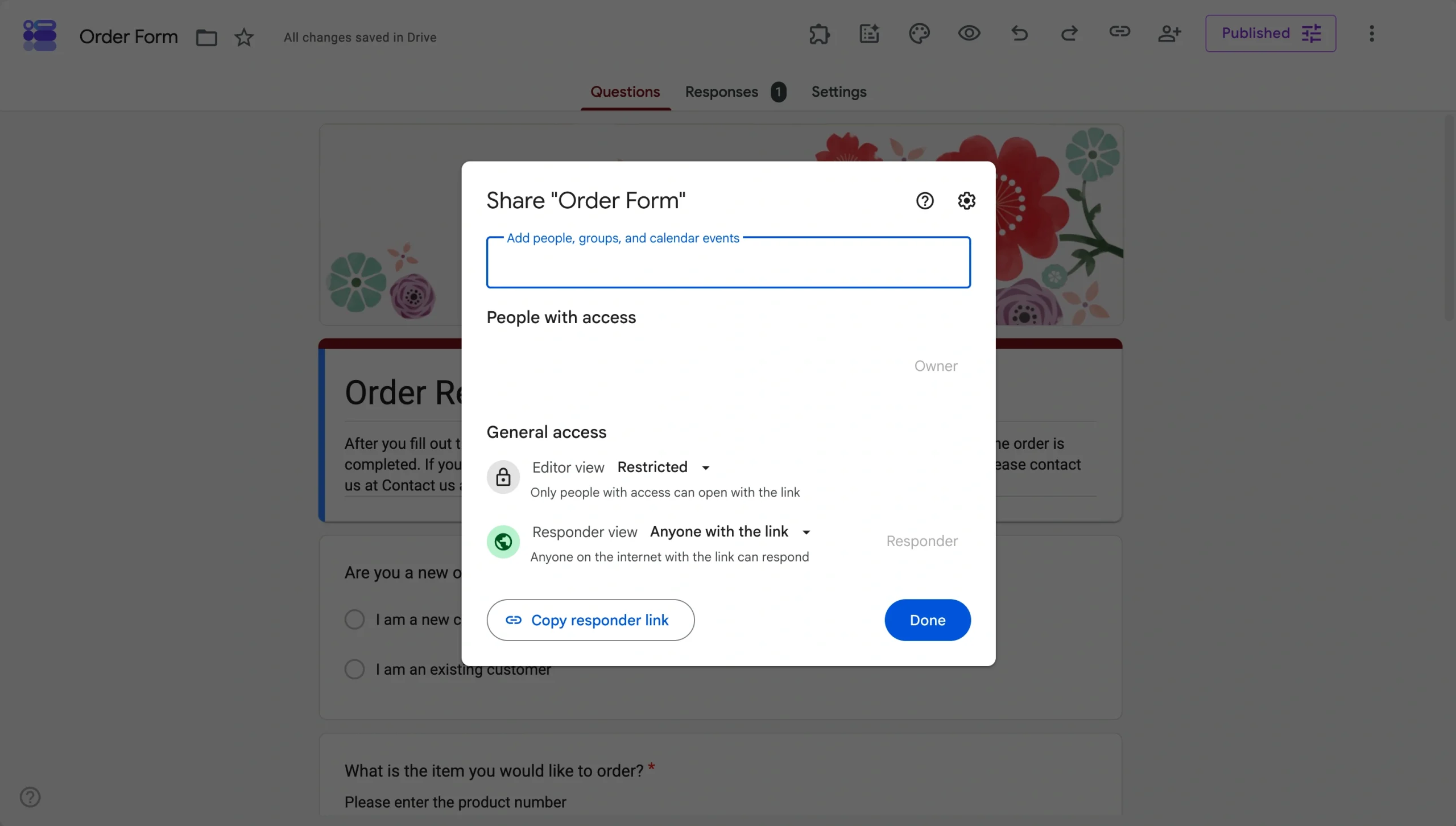 Google Forms sharing window for adding people and assigning access permissions