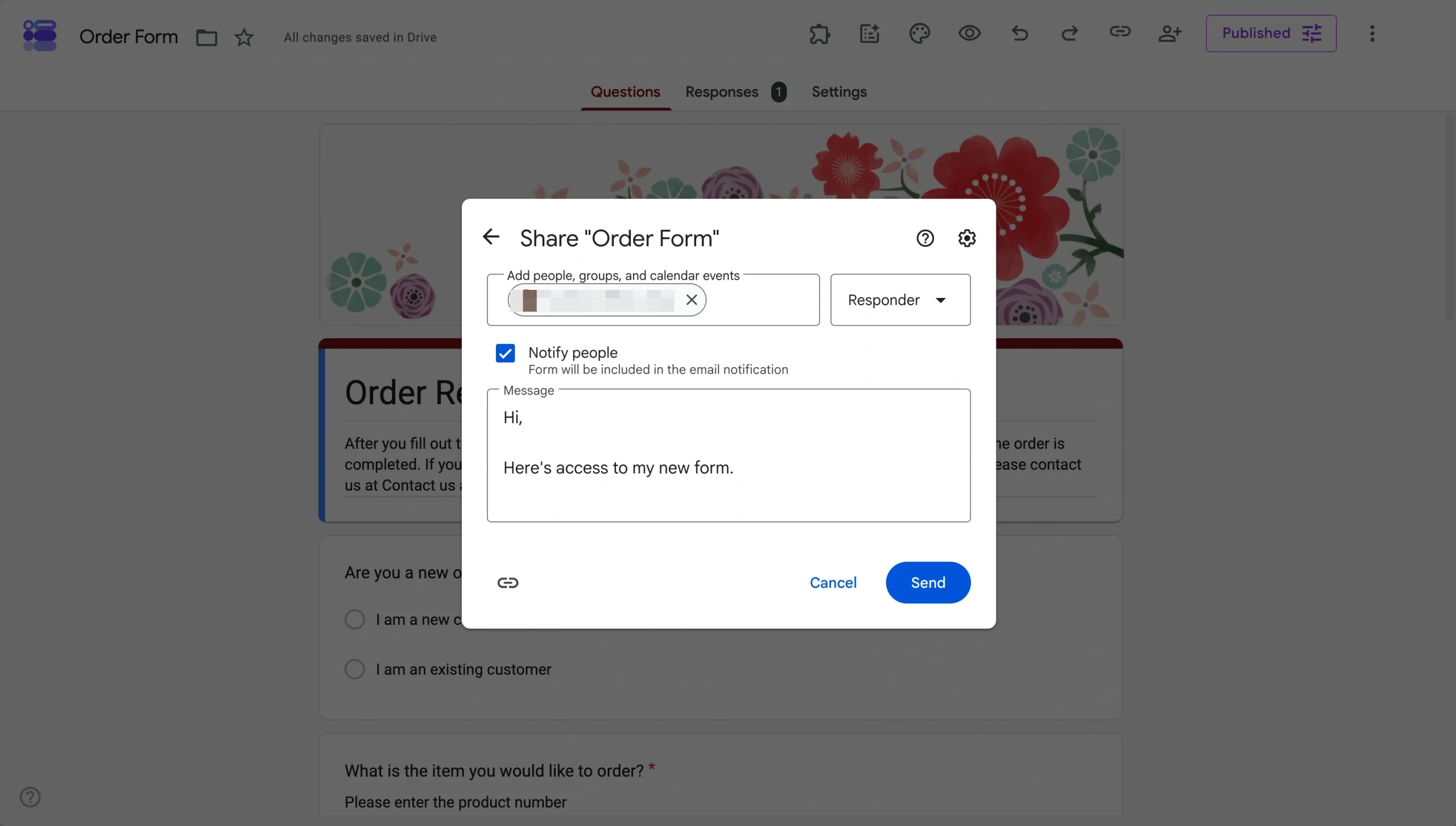 Google Forms sharing window with the notification message and Send button visible