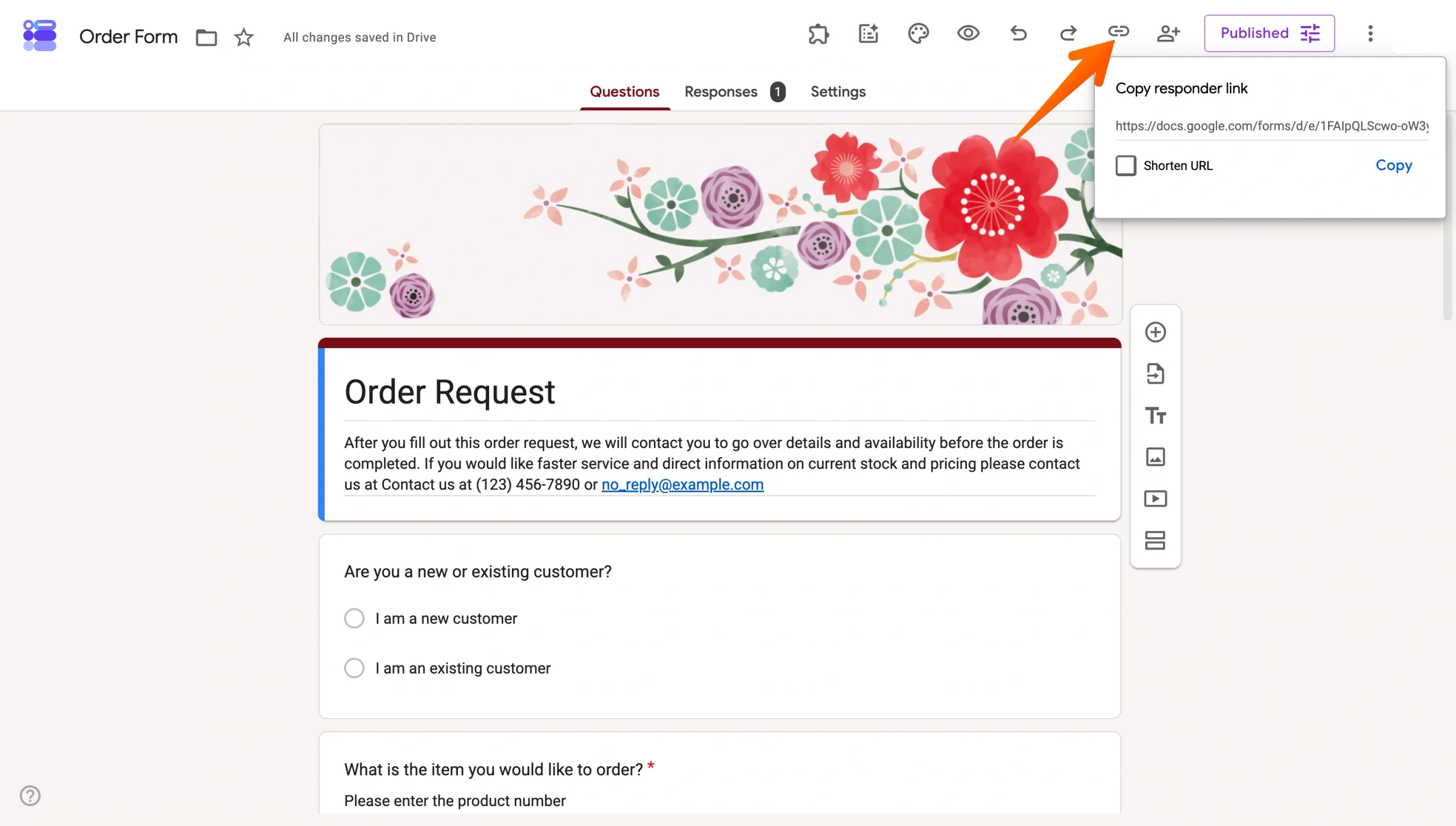 Google Forms editor showing the Copy responder link option in the top toolbar