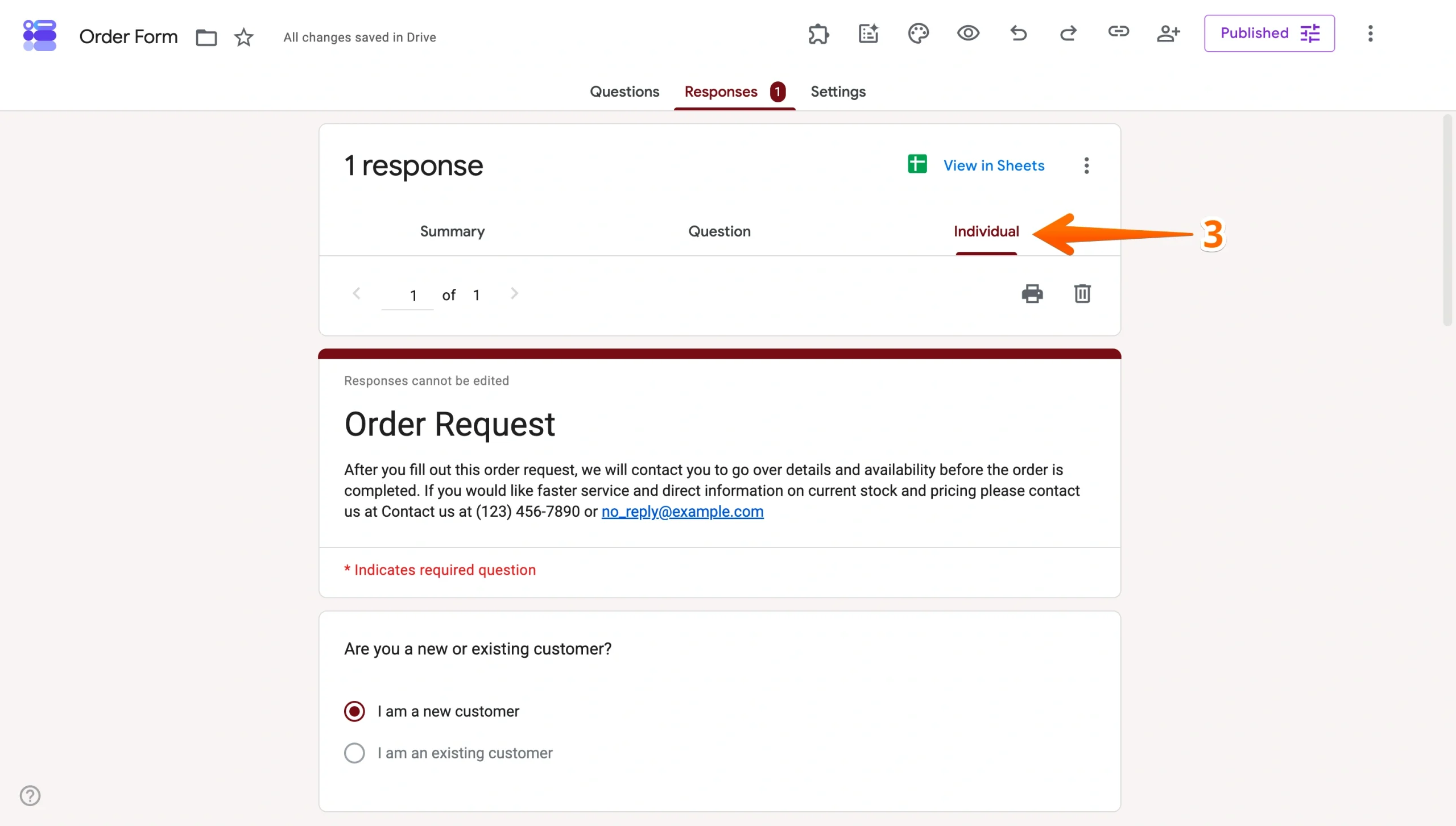Google Forms Responses tab showing the Summary view with response charts