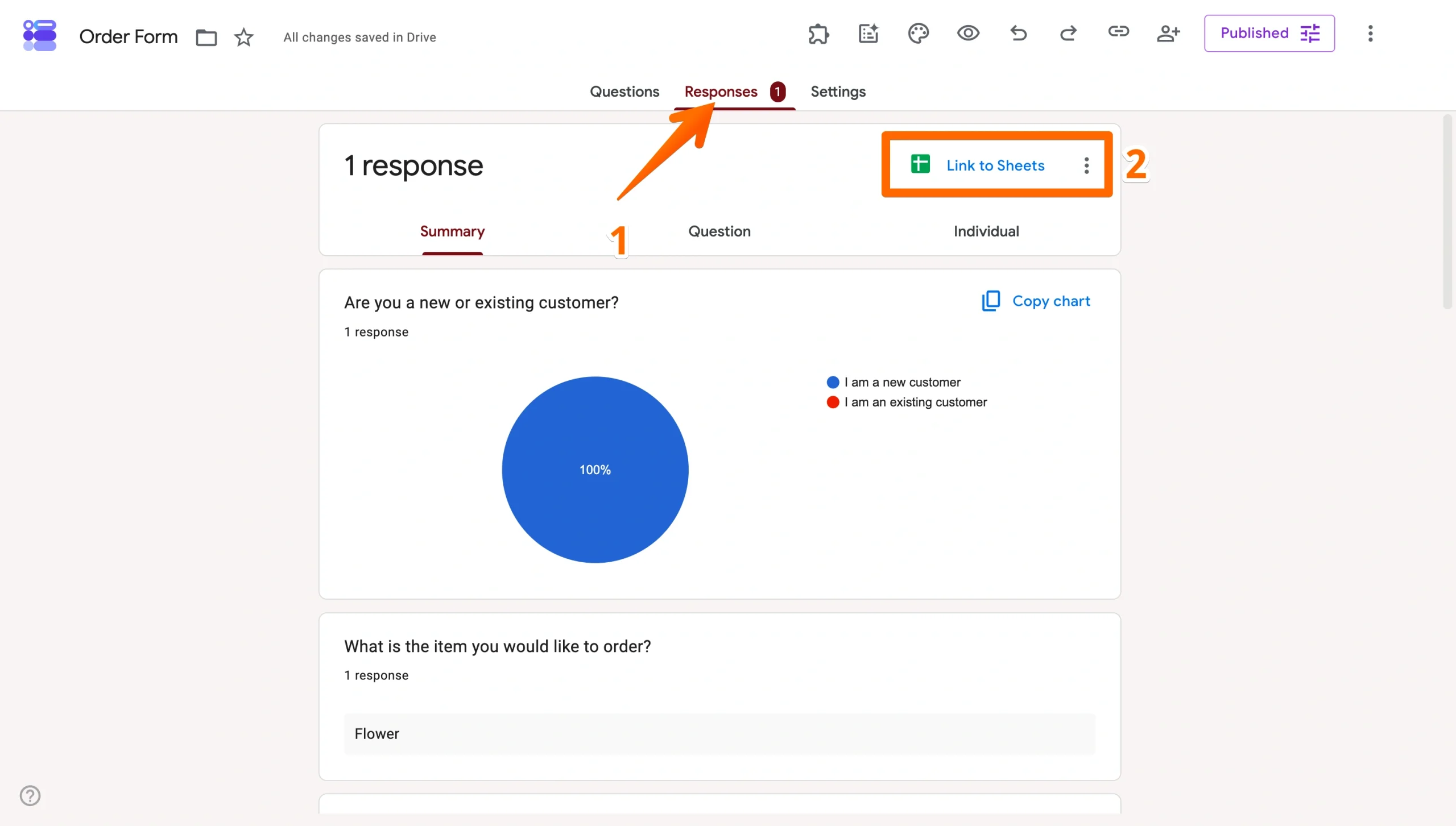 Google Forms Responses tab with the Link to Sheets button highlighted