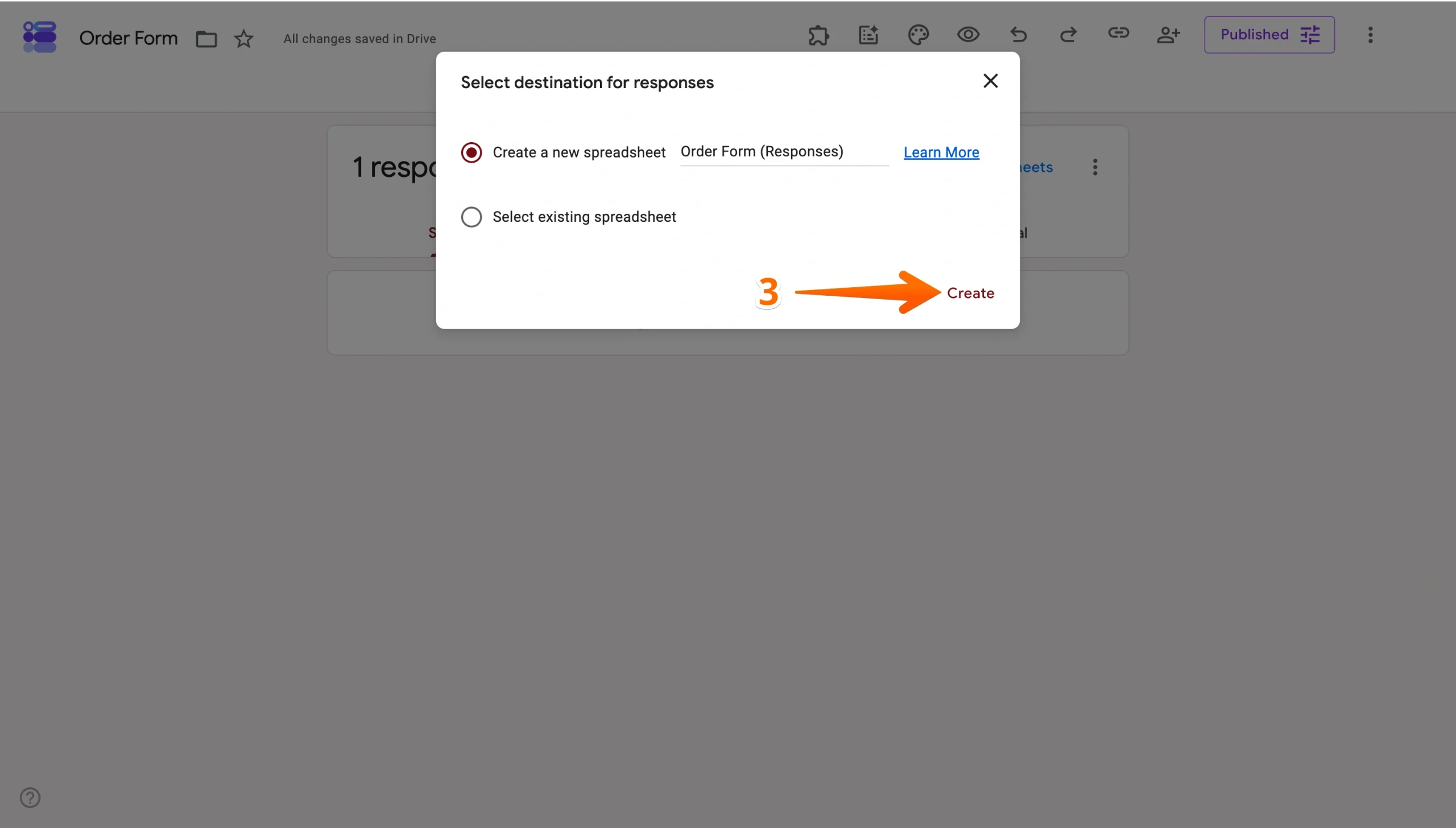 Google Forms destination popup with the Create button highlighted