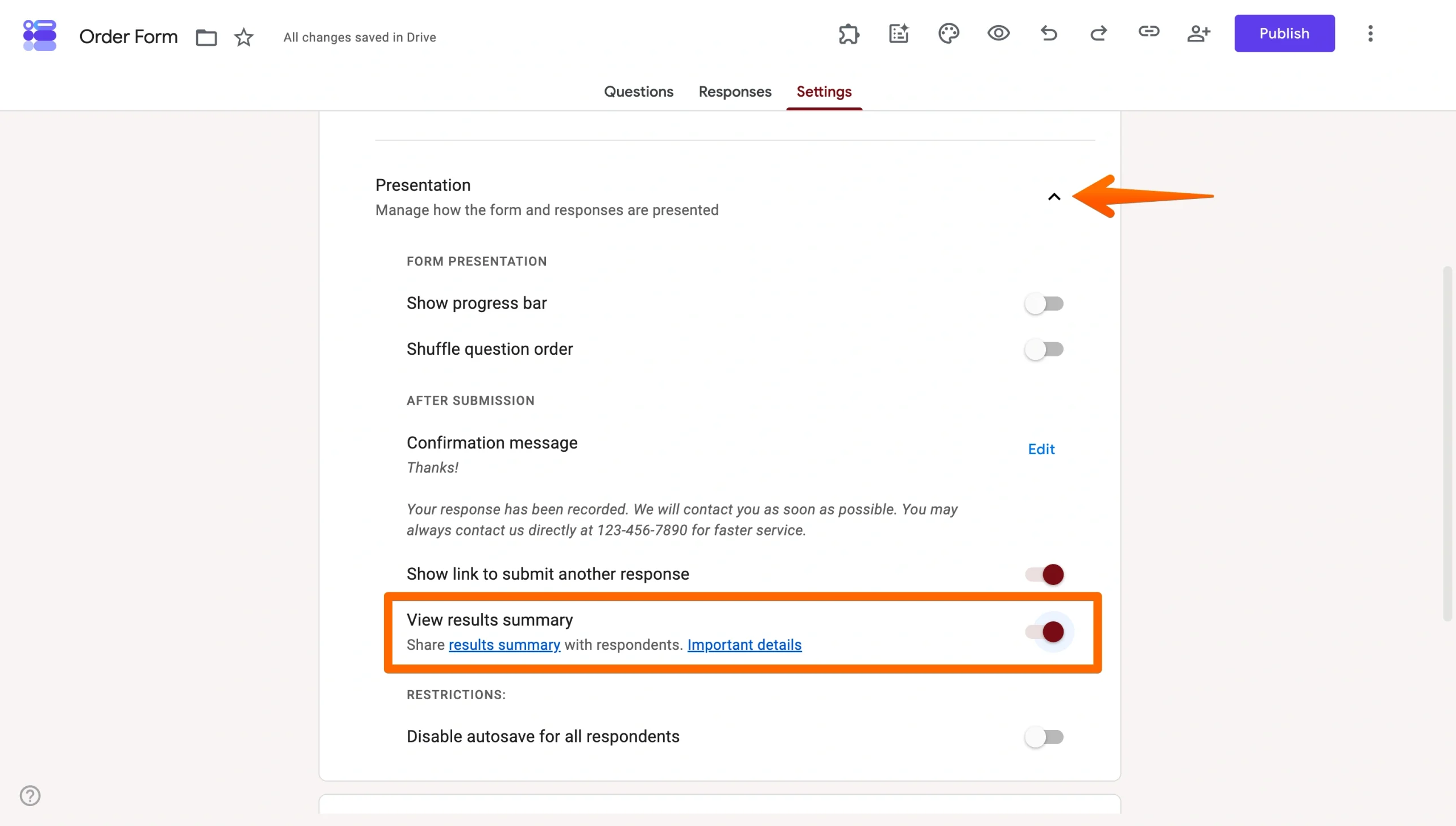 Google Forms Presentation settings with the View results summary toggle highlighted