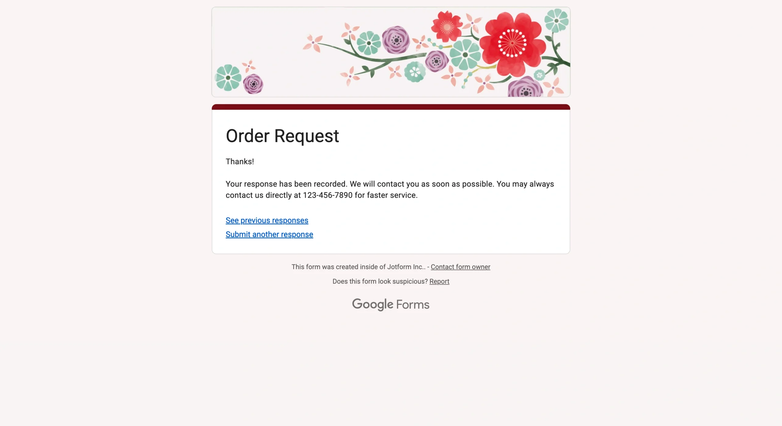 Google Forms submission confirmation page with links to see previous responses or submit another response