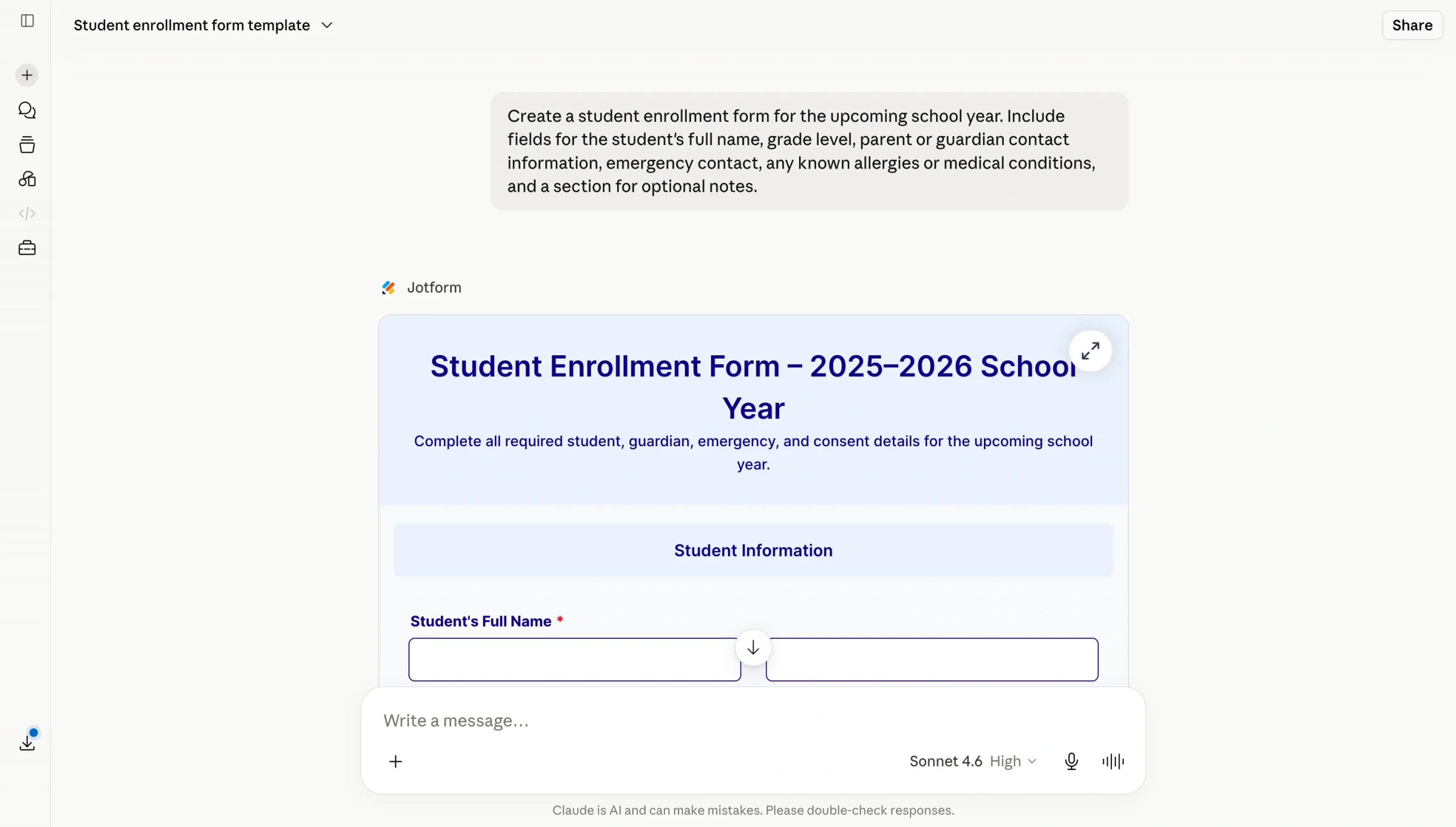 Claude generating a student enrollment form from a conversational prompt