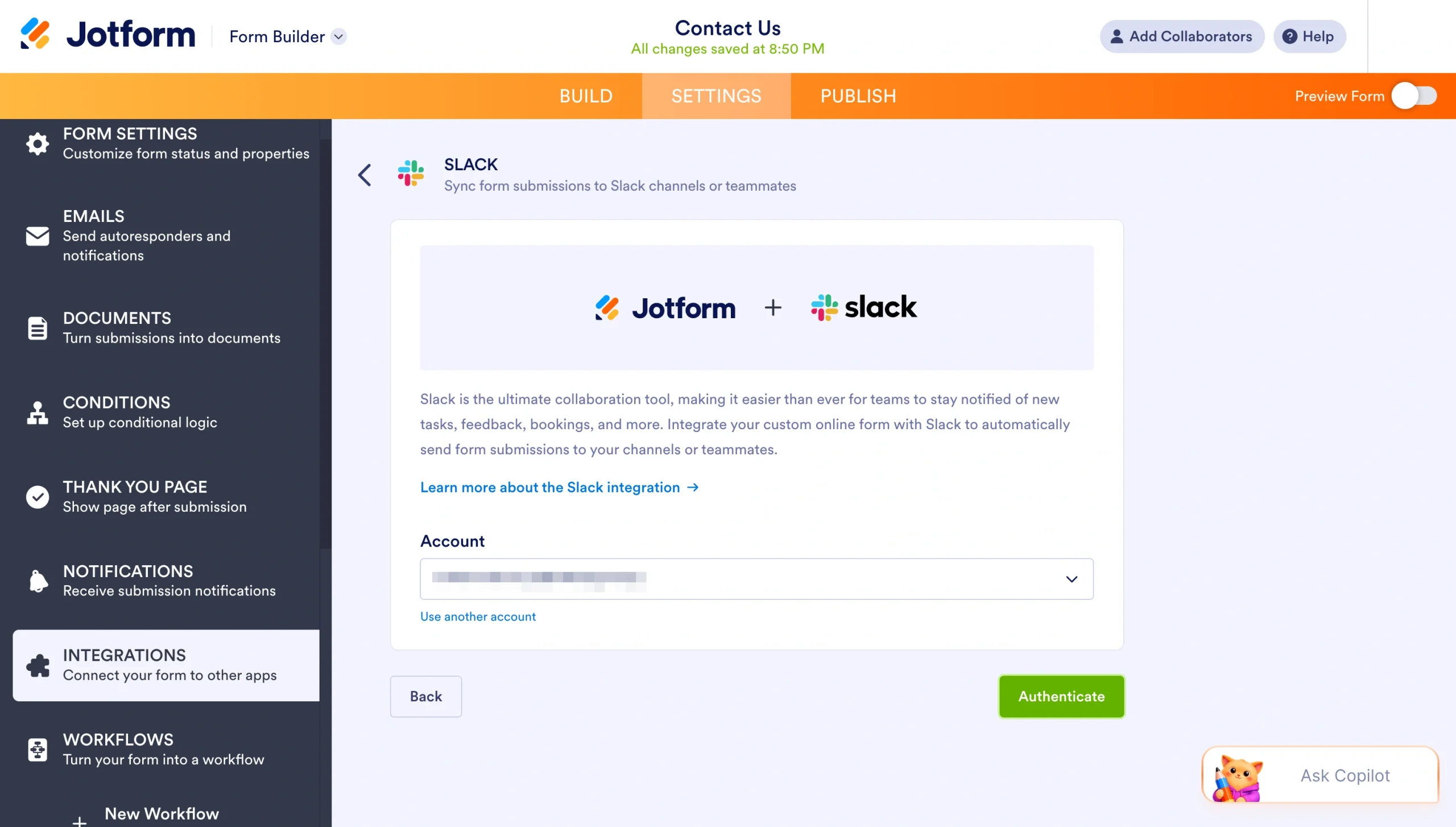 Screenshot of the Jotform Slack integration page with the account authentication option displayed
