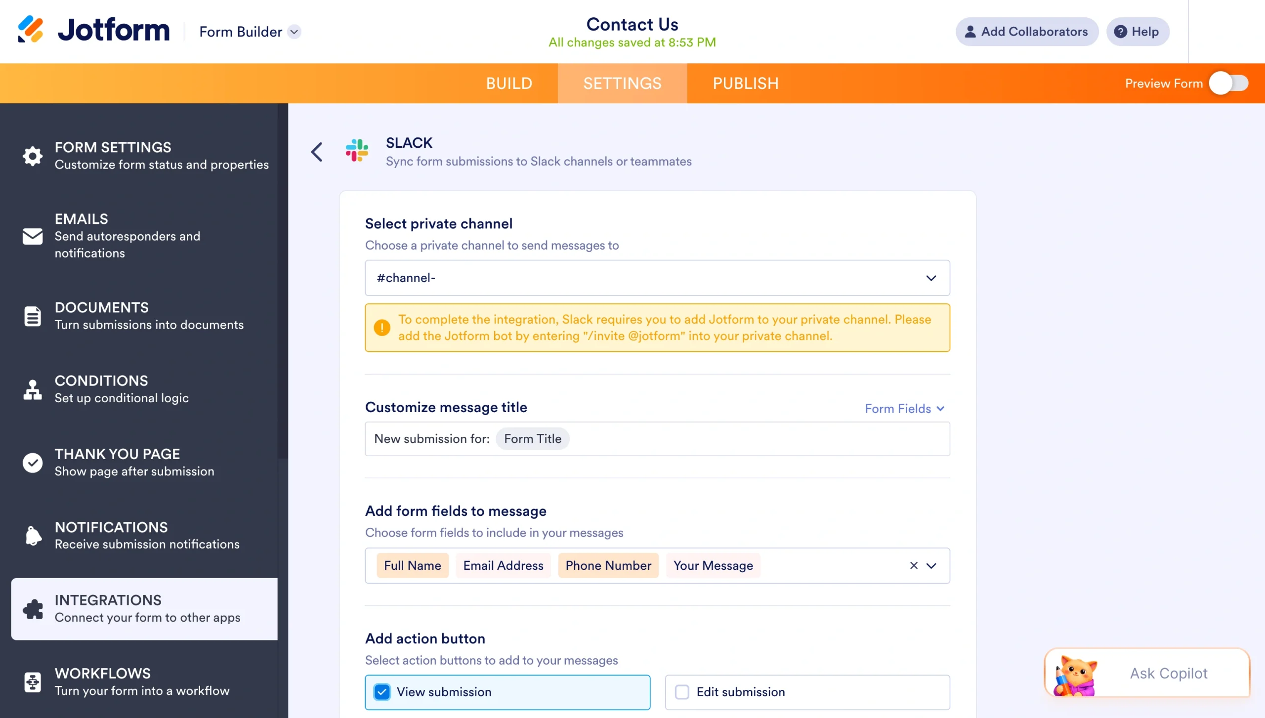 Screenshot of the Jotform Slack integration settings page for customizing the Slack message action
