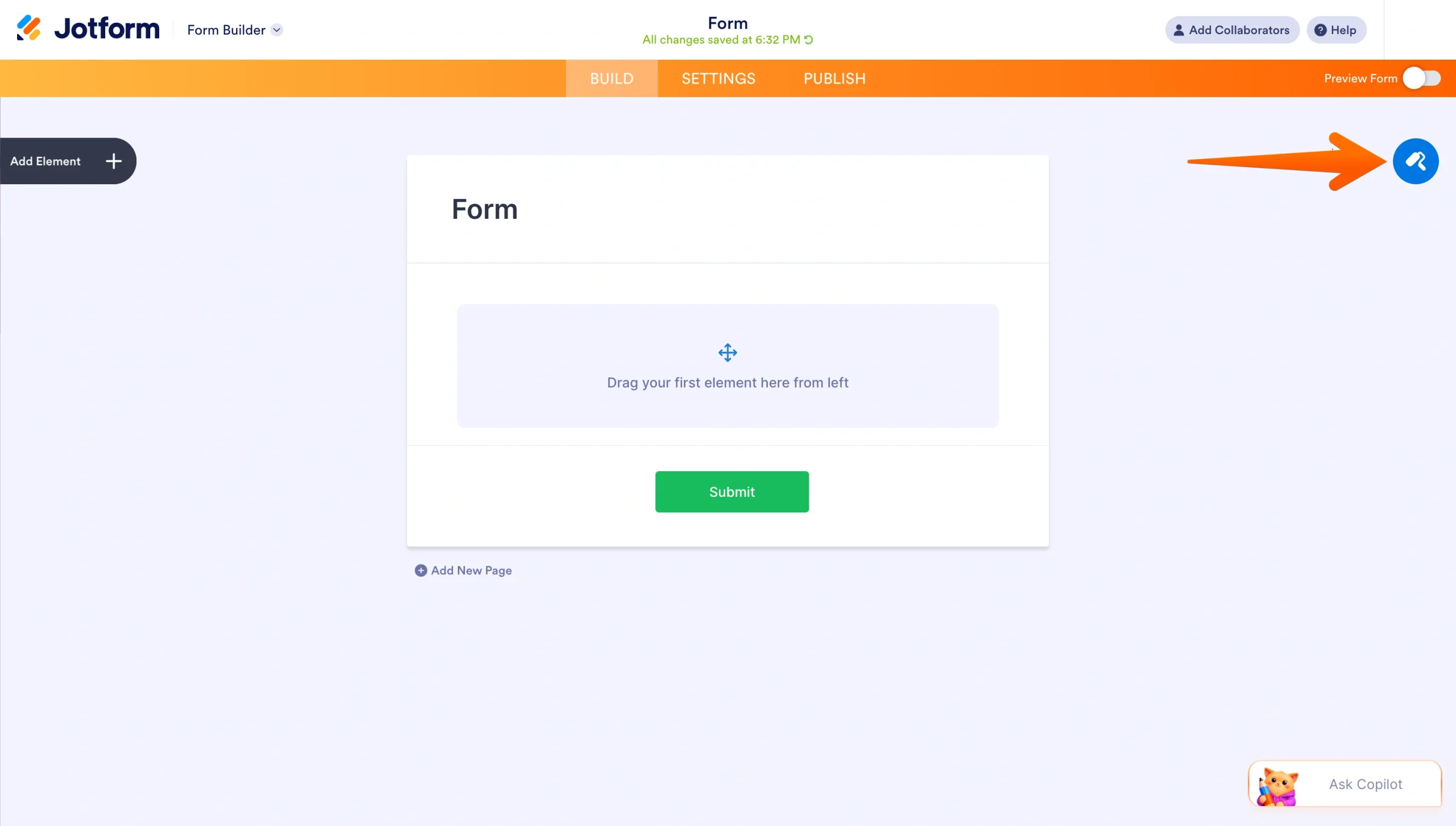 Jotform Form Builder with the Form Designer button highlighted on the right side of the screen