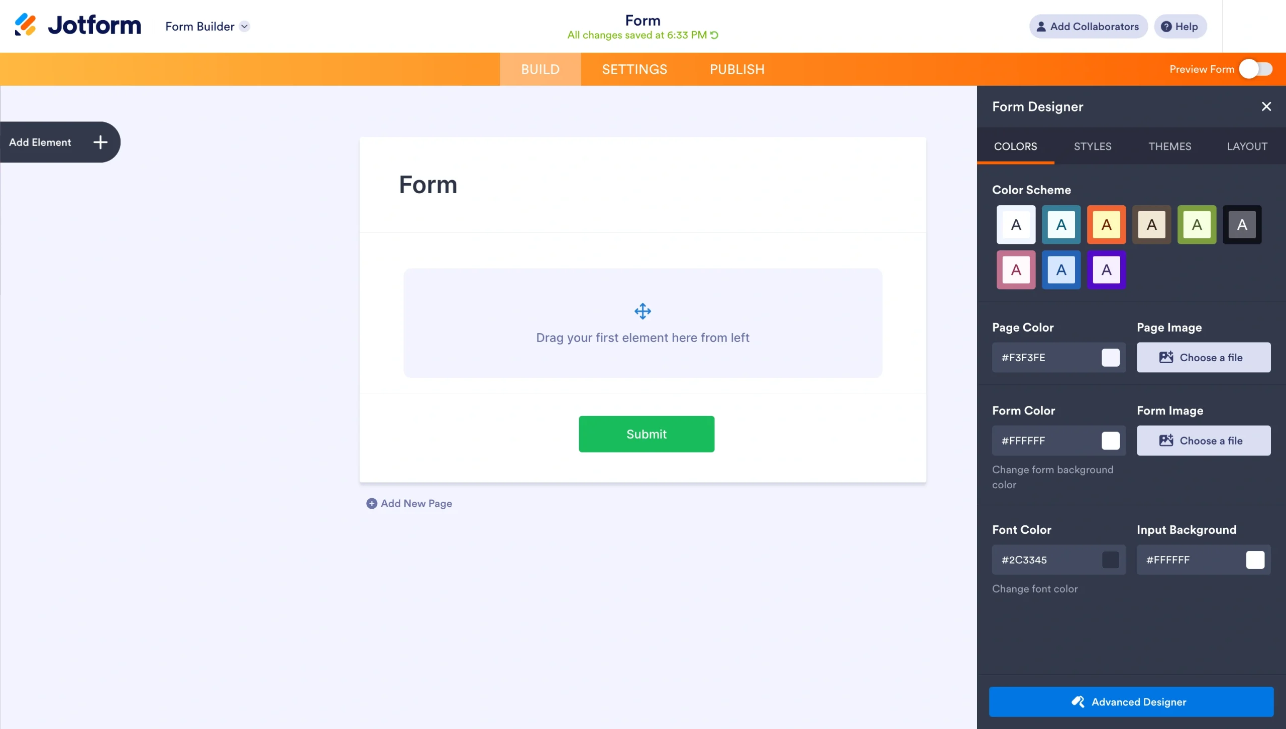 Jotform Form Designer panel showing customization options for colors, styles, fonts, and form layout