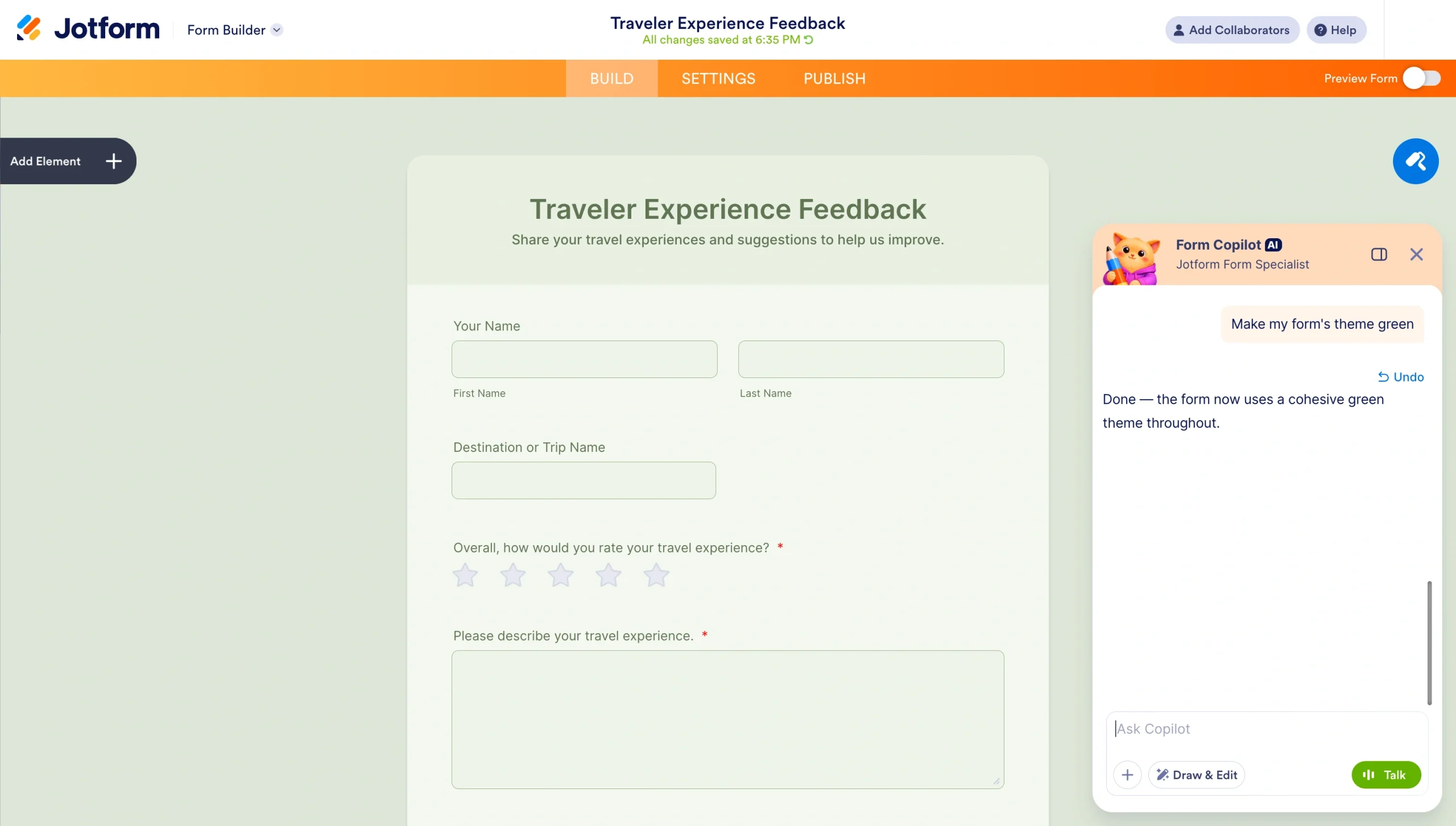Jotform form editor with Ask Copilot open, showing AI-assisted form customization options