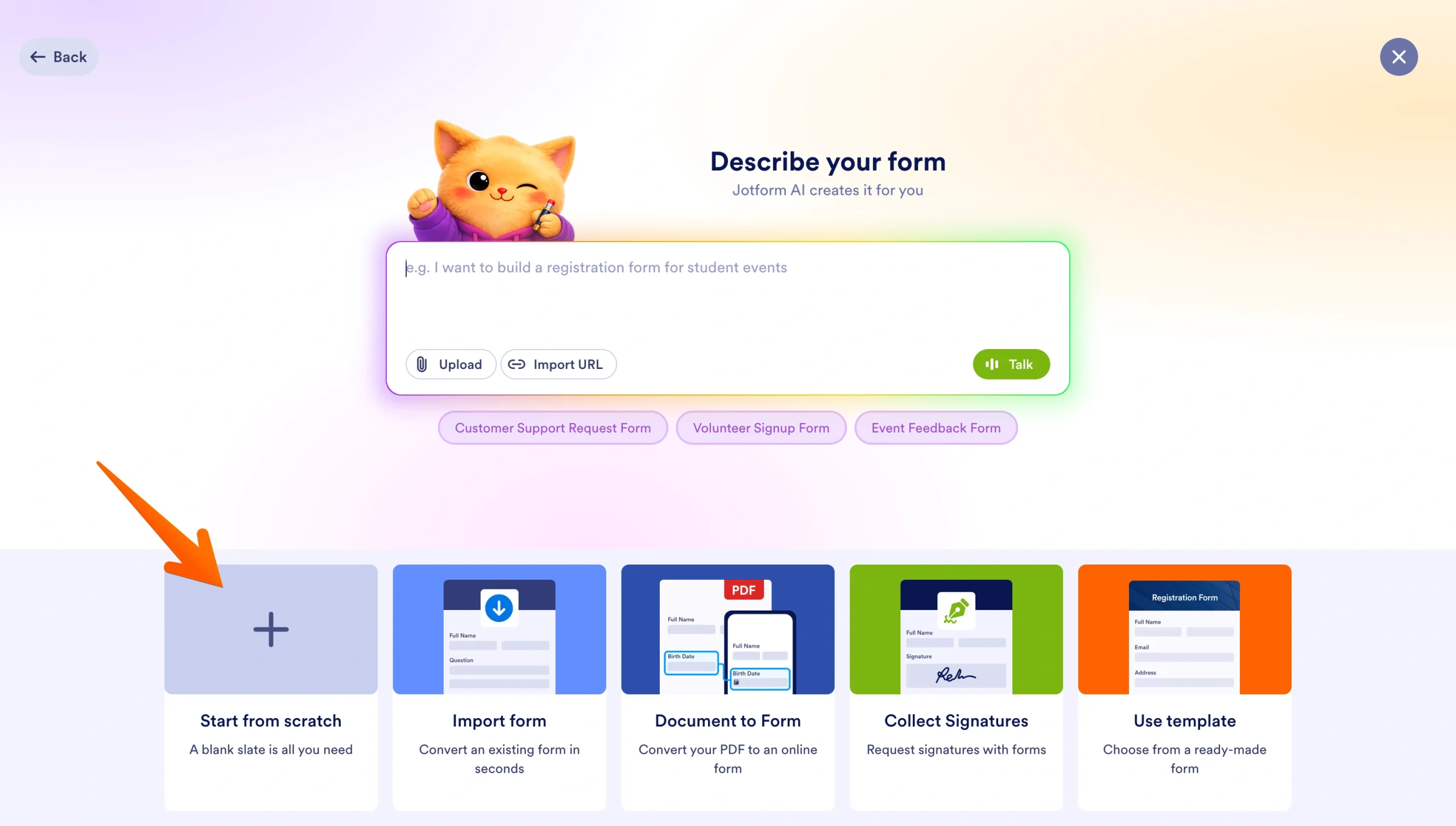 Jotform start screen showing the Start from scratch option highlighted with an arrow
