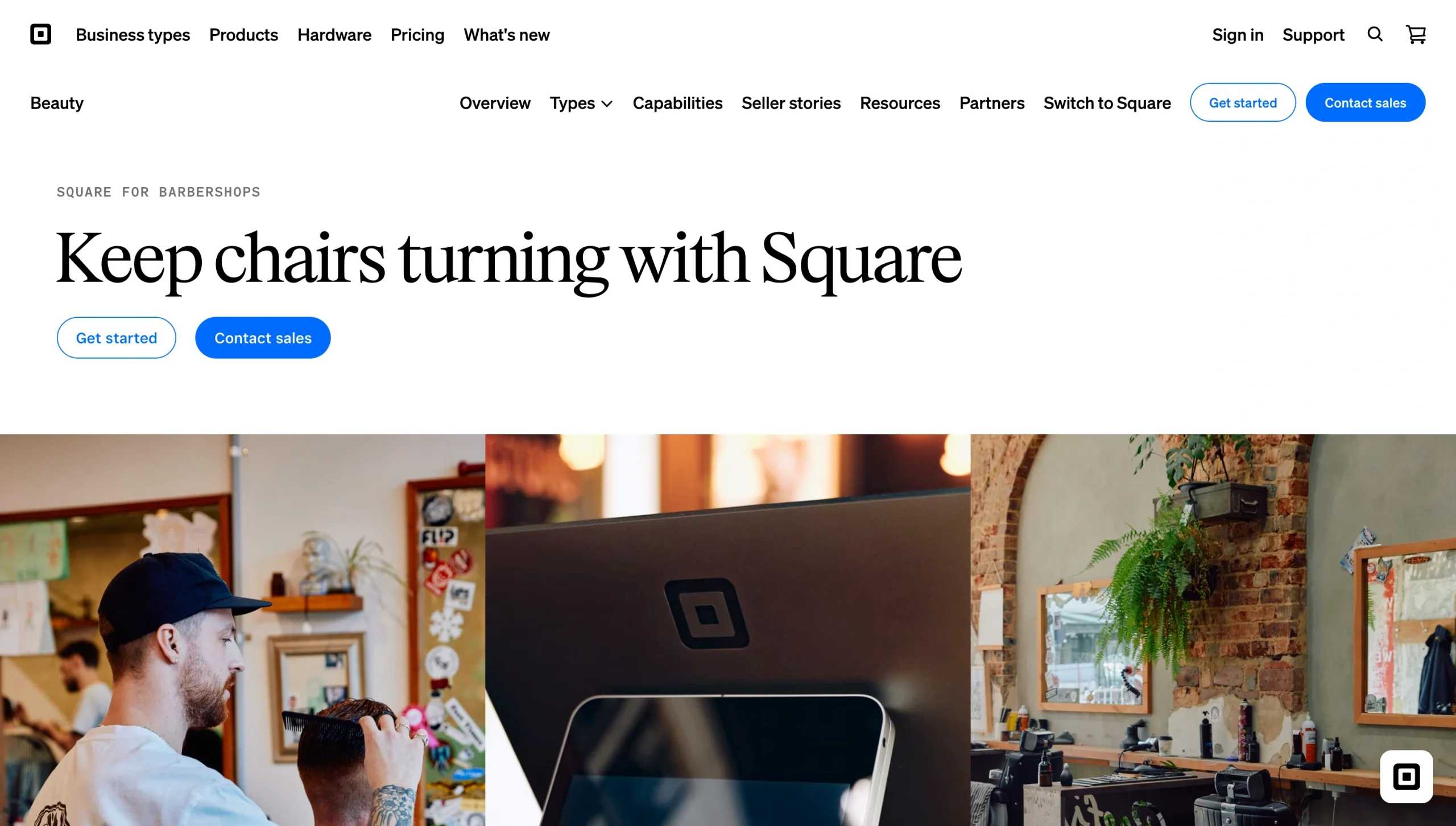 Screenshot of the Square Barbershop landing page, showing a headline "Keep chairs turning with Square"