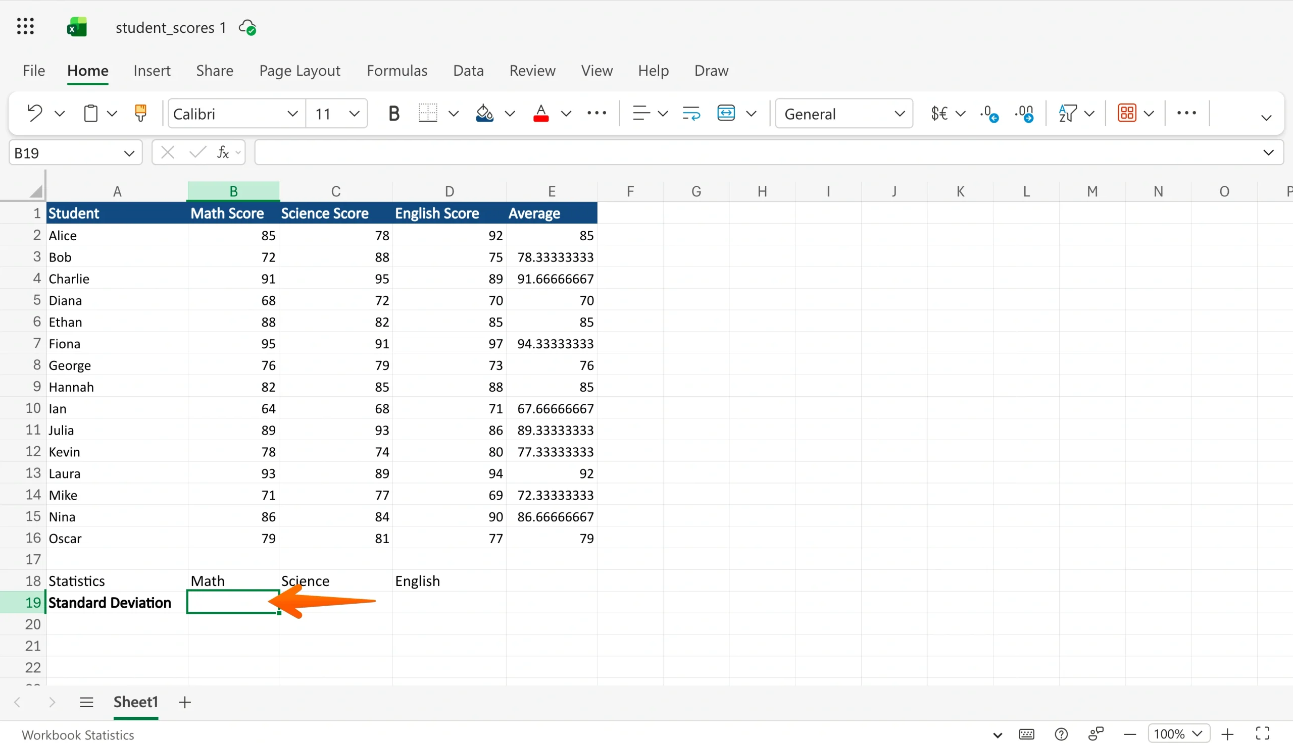 Empty cell selected below the data table for the standard deviation result