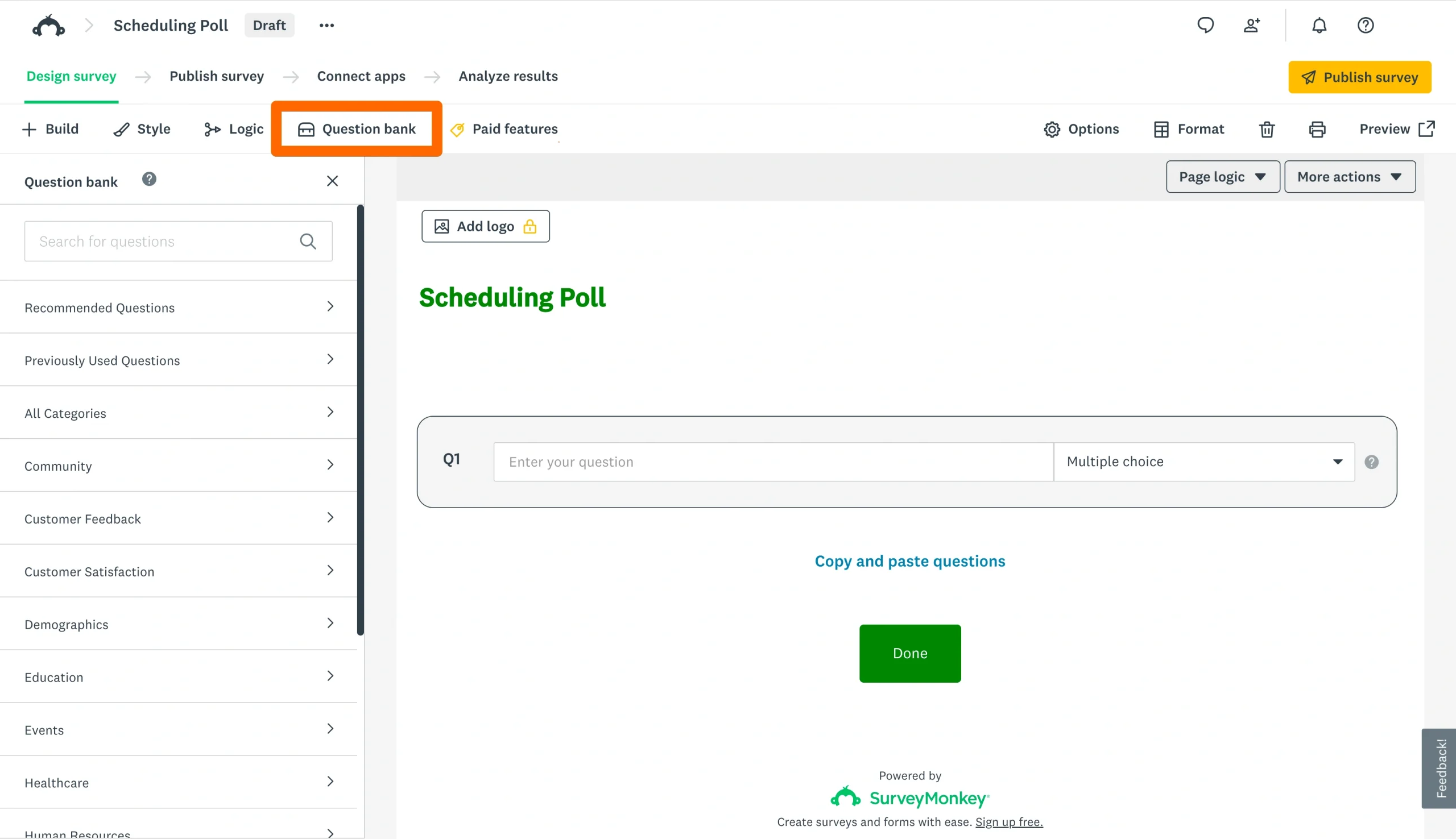 SurveyMonkey Question bank tab highlighted in the survey builder