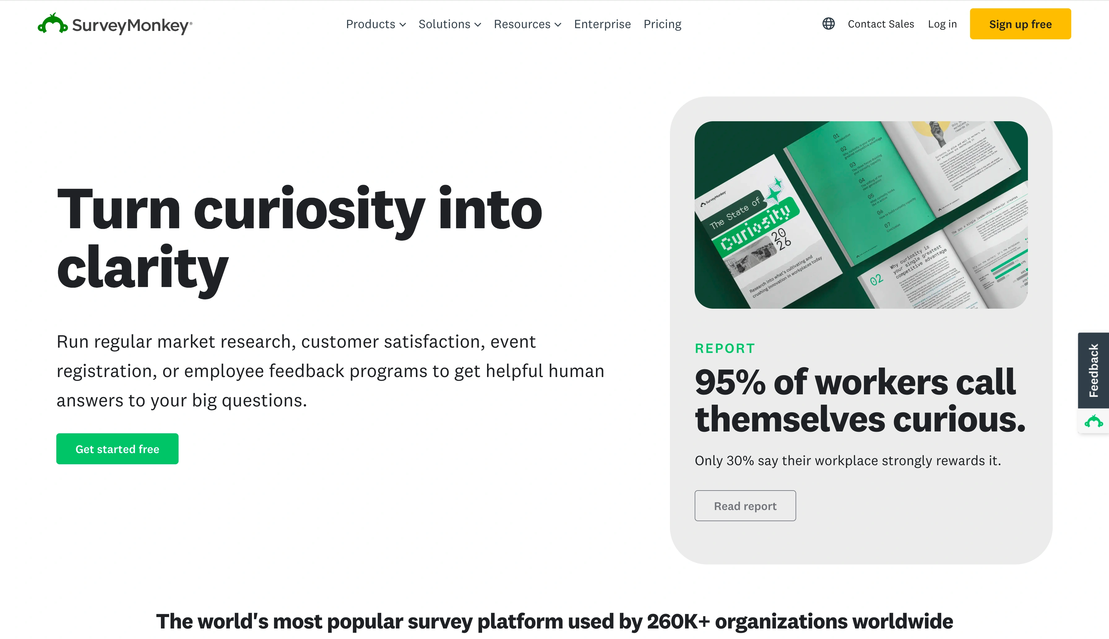 SurveyMonkey homepage promoting survey creation and research tools